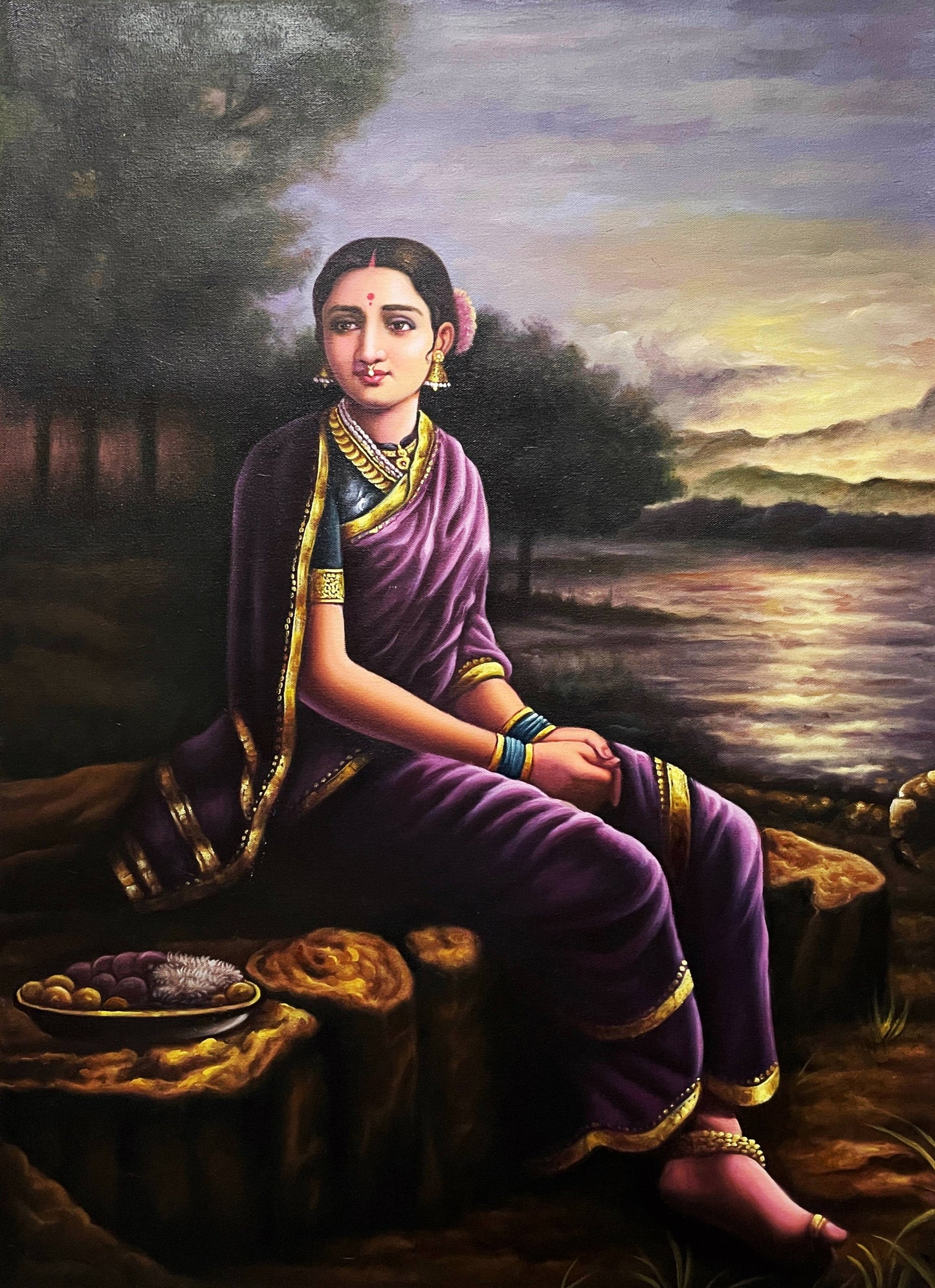 Traditional Indian woman in purple saree with jewelry, seated outdoors at sunset, painted artwork