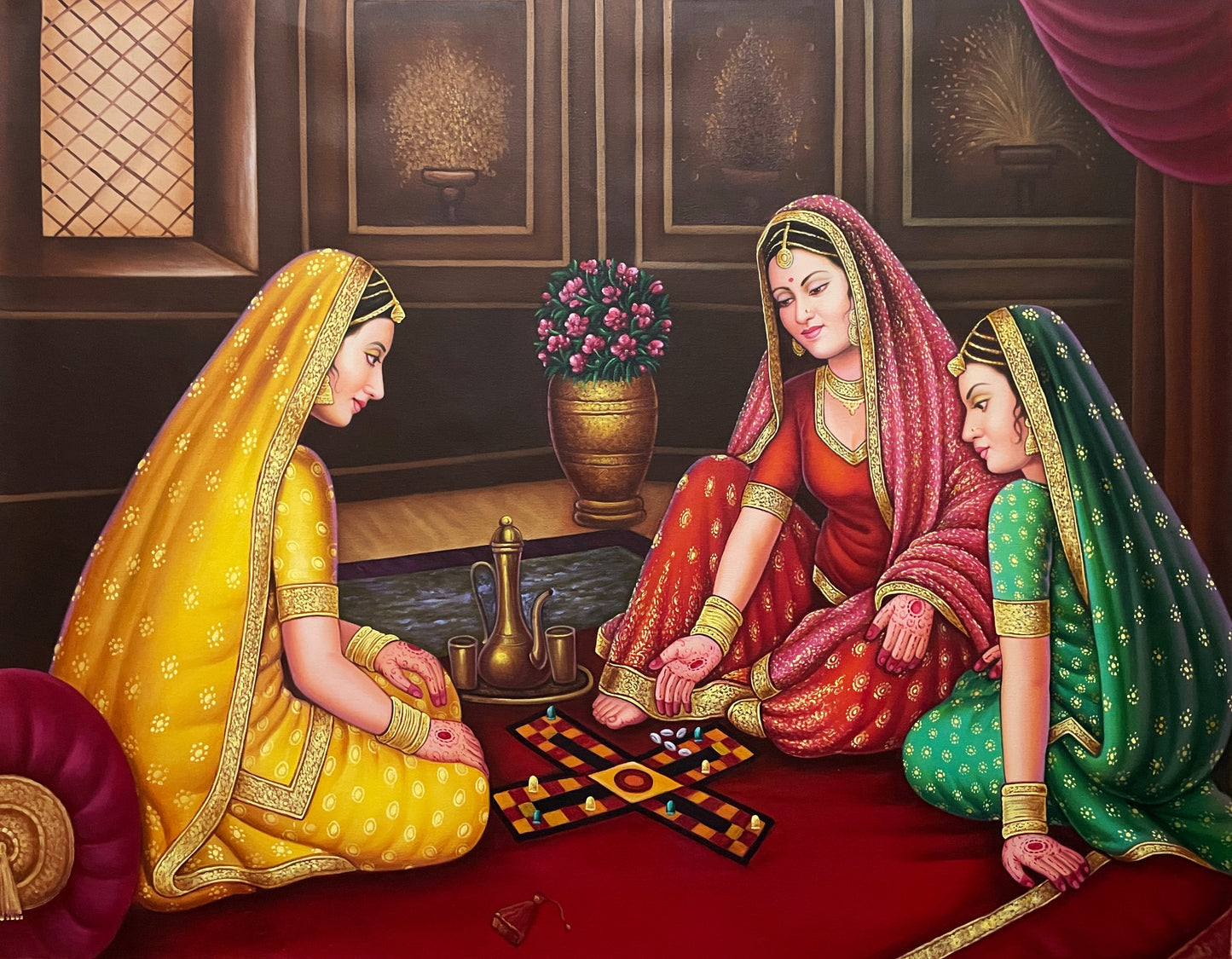 Ladies playing choupar, Indan Dice Game, Oil painting on canvas