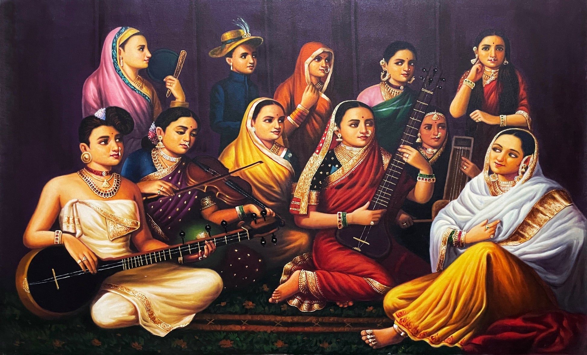 Traditional Indian painting of women in colorful sarees playing classical musical instruments