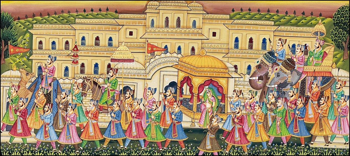 Royal Procession Large Detailed Hand Painted Artwork, Rajasthani Painting, Art and Collect, Home Decor, Wall Decor - Jaipur Earth