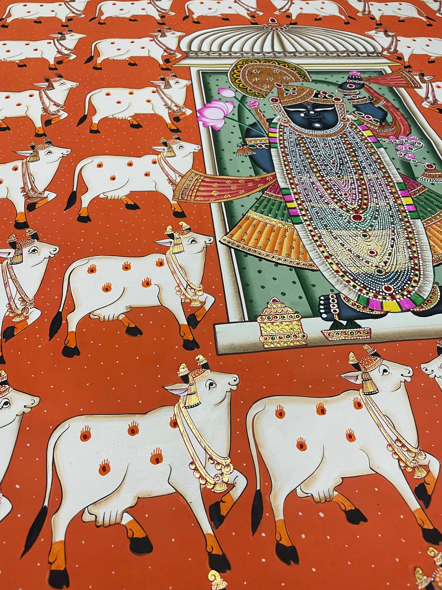 Shrinathji Pichwai Painting, Large Pichwai, Cow Pichwai Art Handmade Natural Stone color on cloth Indian Decor, Wall Art, Home Decor Gift - Jaipur Earth