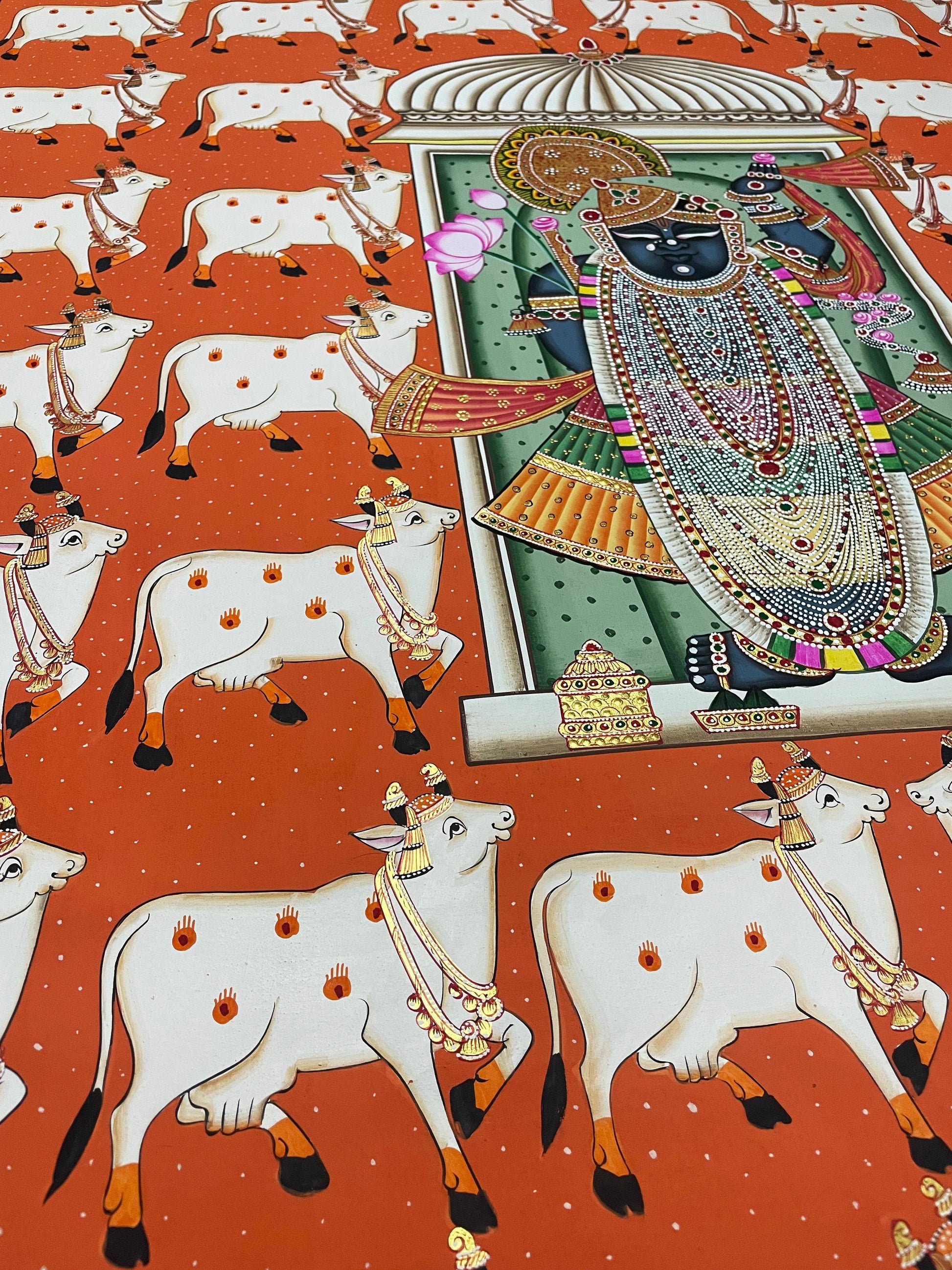 Shrinathji Pichwai Painting, Large Pichwai, Cow Pichwai Art Handmade Natural Stone color on cloth Indian Decor, Wall Art, Home Decor Gift - Jaipur Earth