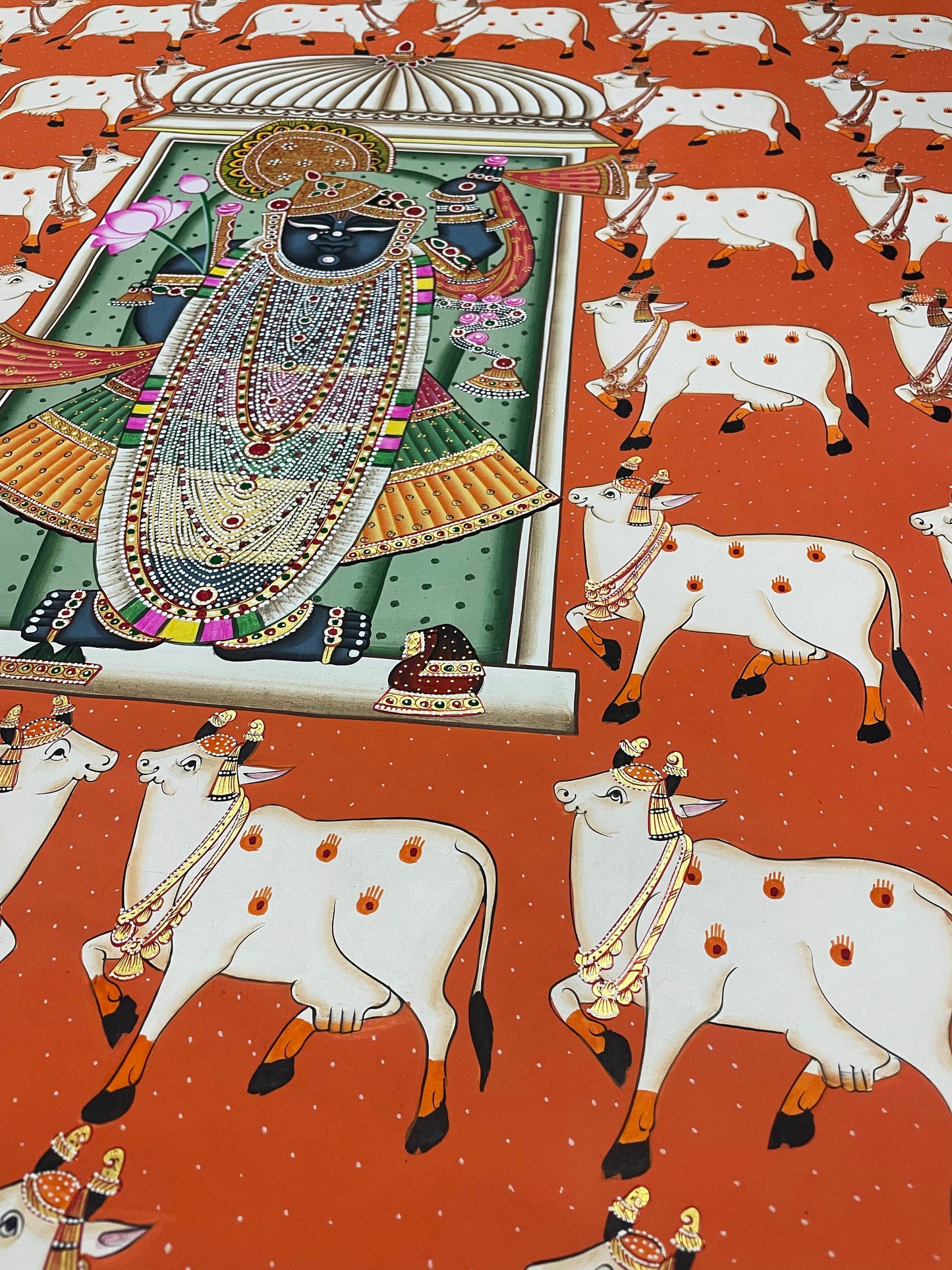 Shrinathji Pichwai Painting, Large Pichwai, Cow Pichwai Art Handmade Natural Stone color on cloth Indian Decor, Wall Art, Home Decor Gift - Jaipur Earth