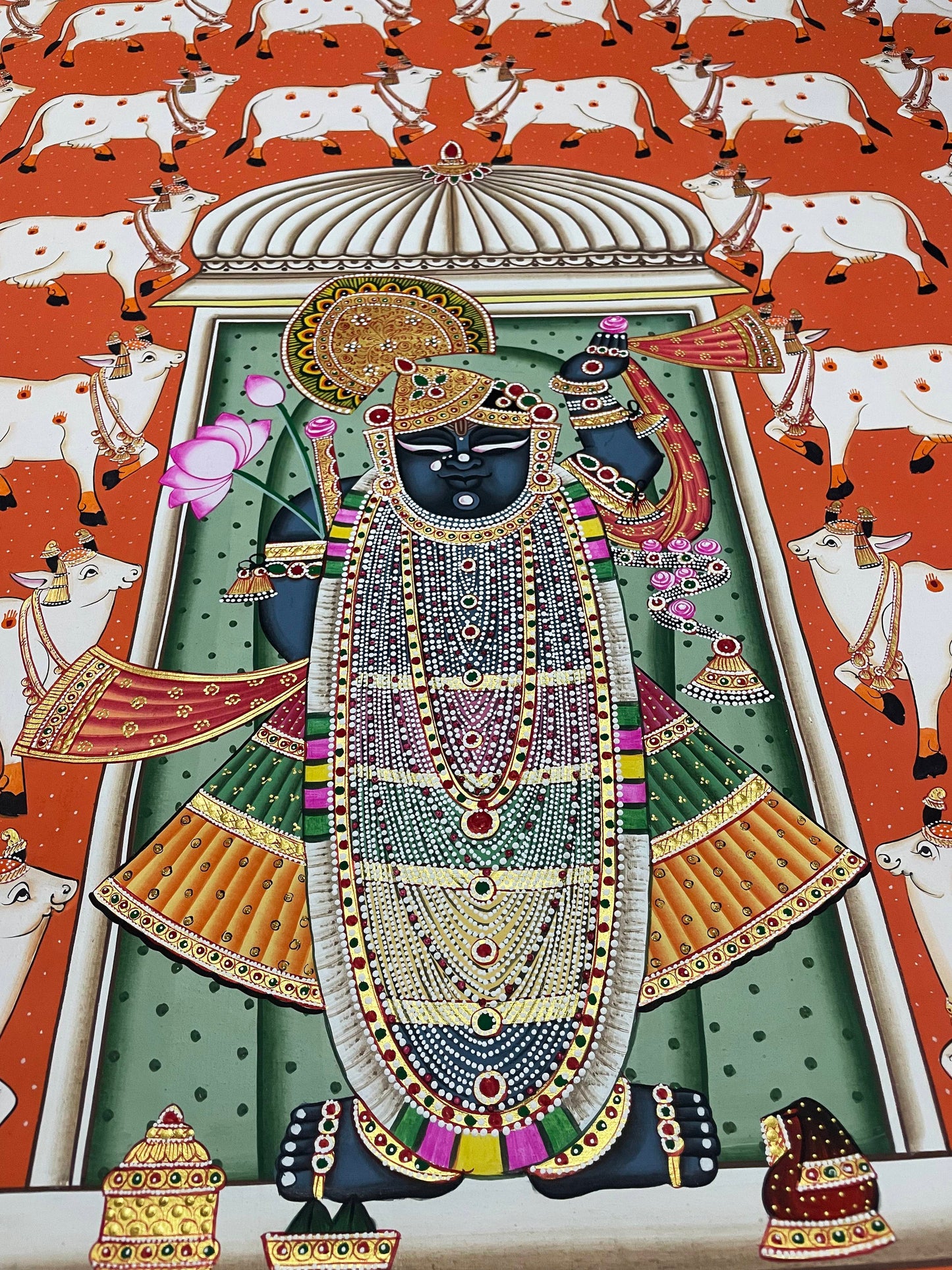 Shrinathji Pichwai Painting, Large Pichwai, Cow Pichwai Art Handmade Natural Stone color on cloth Indian Decor, Wall Art, Home Decor Gift - Jaipur Earth