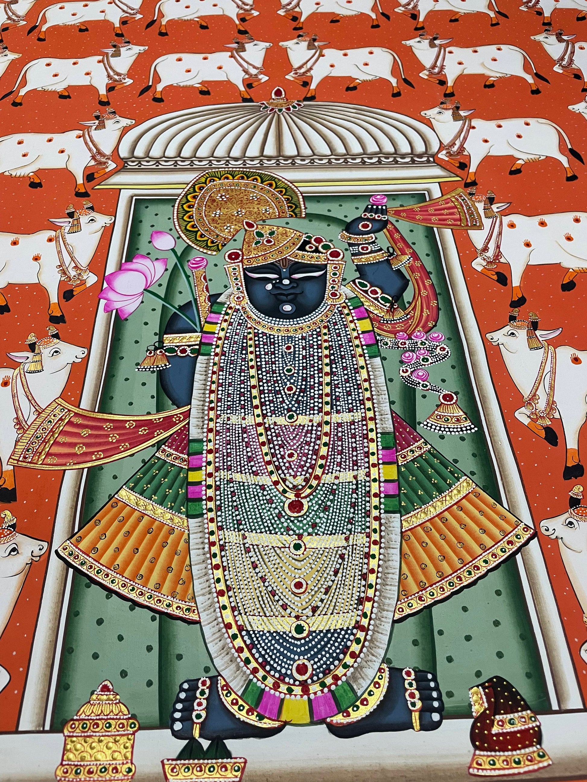 Shrinathji Pichwai Painting, Large Pichwai, Cow Pichwai Art Handmade Natural Stone color on cloth Indian Decor, Wall Art, Home Decor Gift - Jaipur Earth