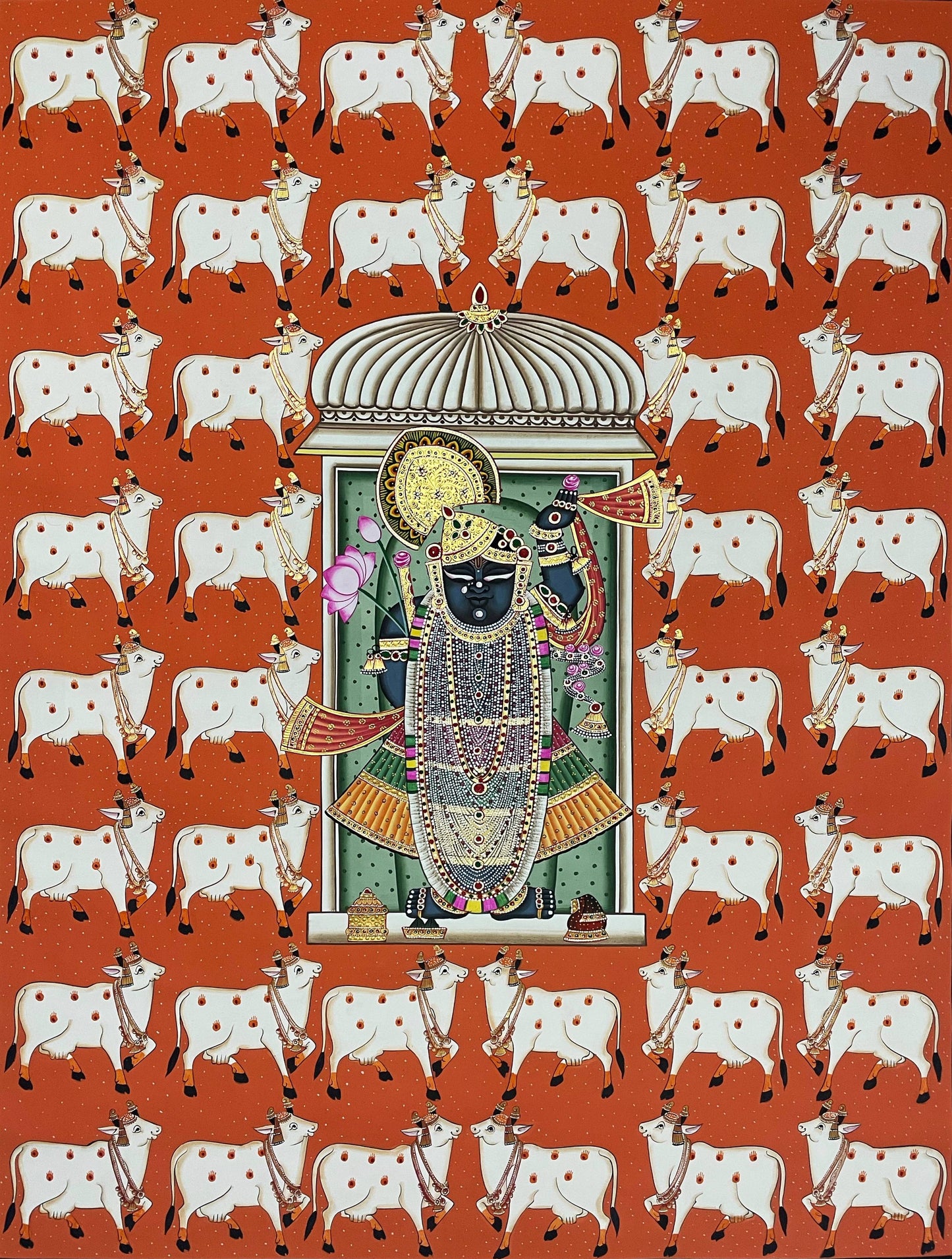 Shrinathji Pichwai Painting, Large Pichwai, Cow Pichwai Art Handmade Natural Stone color on cloth Indian Decor, Wall Art, Home Decor Gift - Jaipur Earth