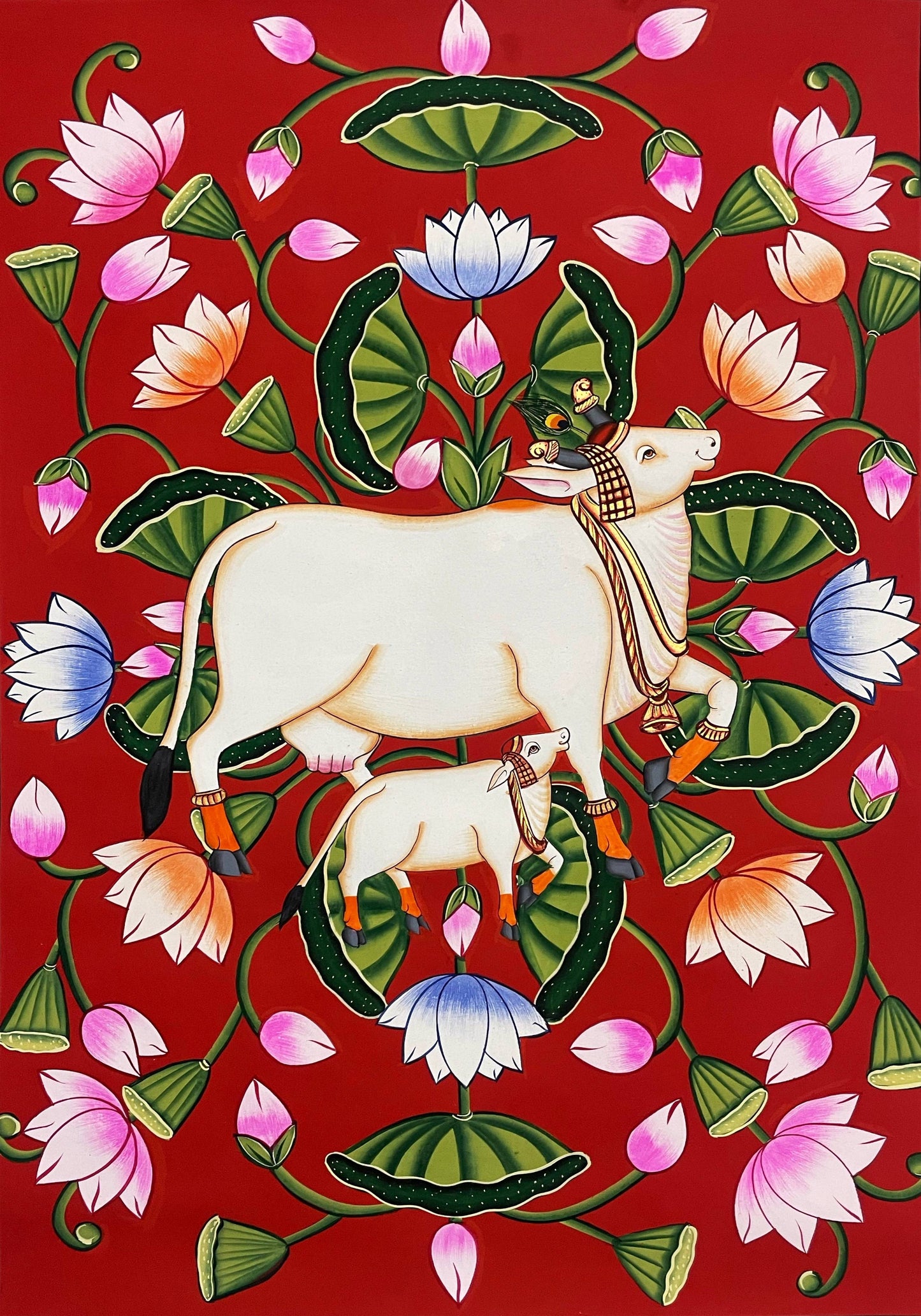 Pichwai Painting Of Cow, Set of 2 Detailed Traditional Indian Pichwai Painting For Home Decor, Wall Decor
