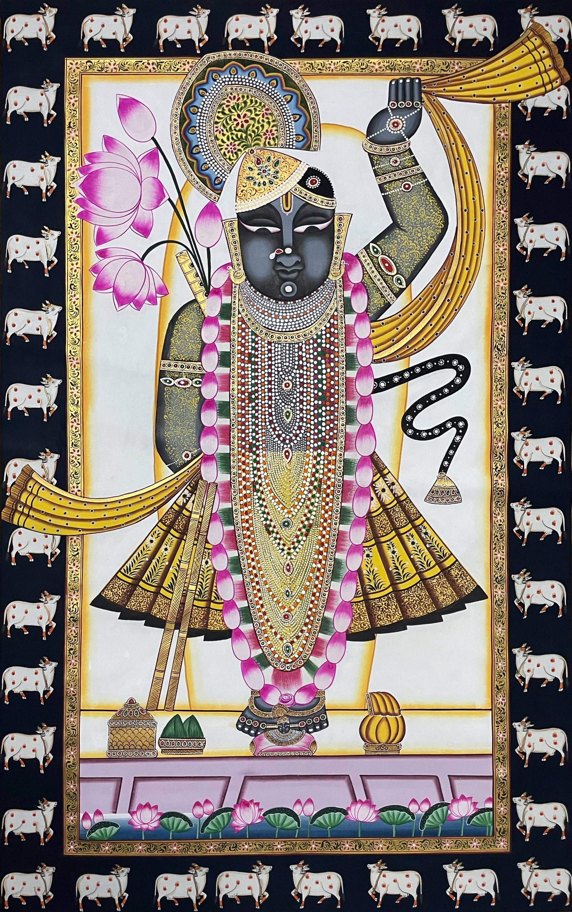 Shreenathji Pichwai Painting Beautiful Hand Painted Devotional Art Natural Stone color on cloth Indian Decor Paintings, Wall Hanging - Jaipur Earth
