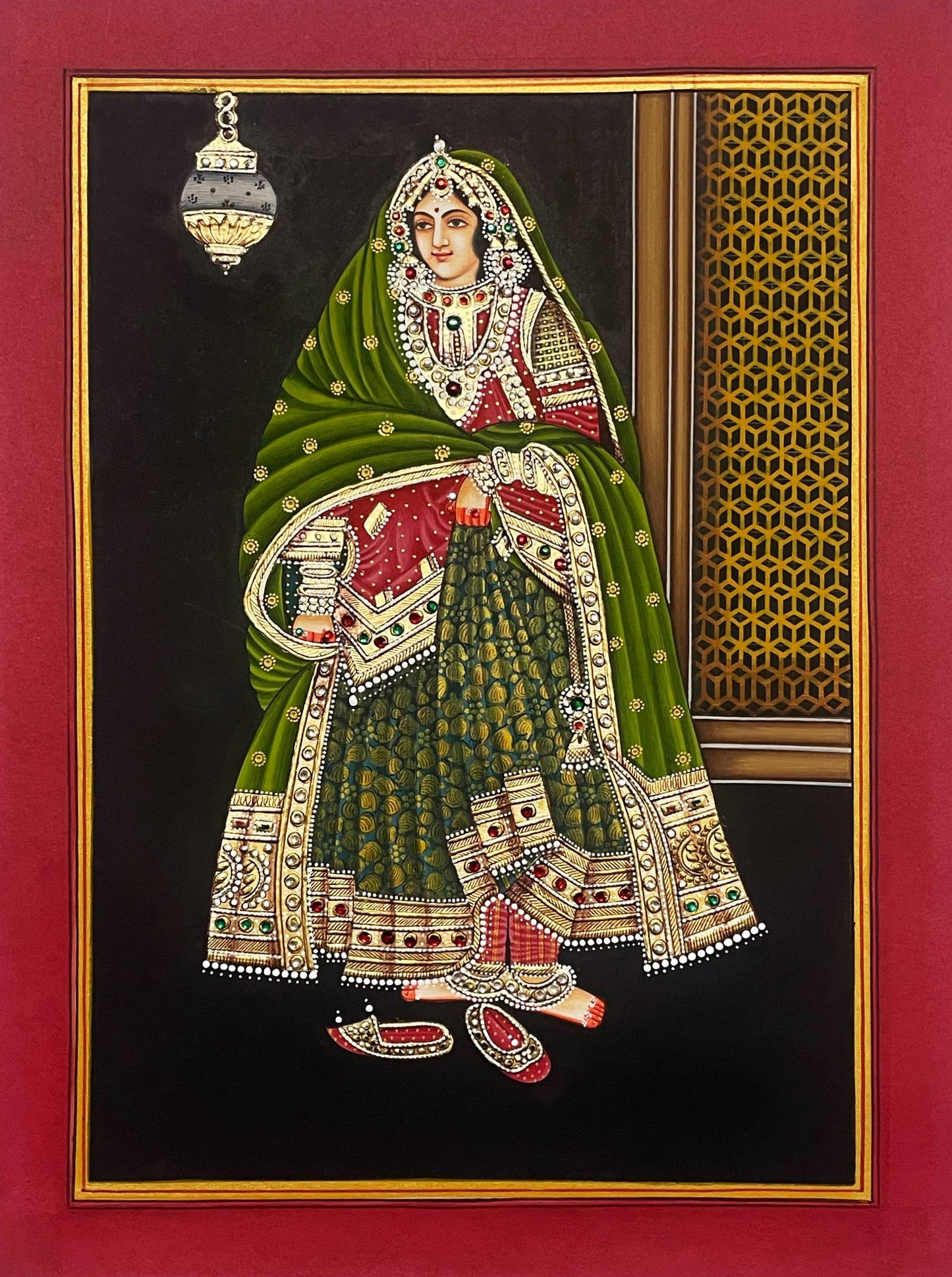 King and Queen Portrait Miniature Painting On Paper, Wall Painting, Wall Hanging-Framed