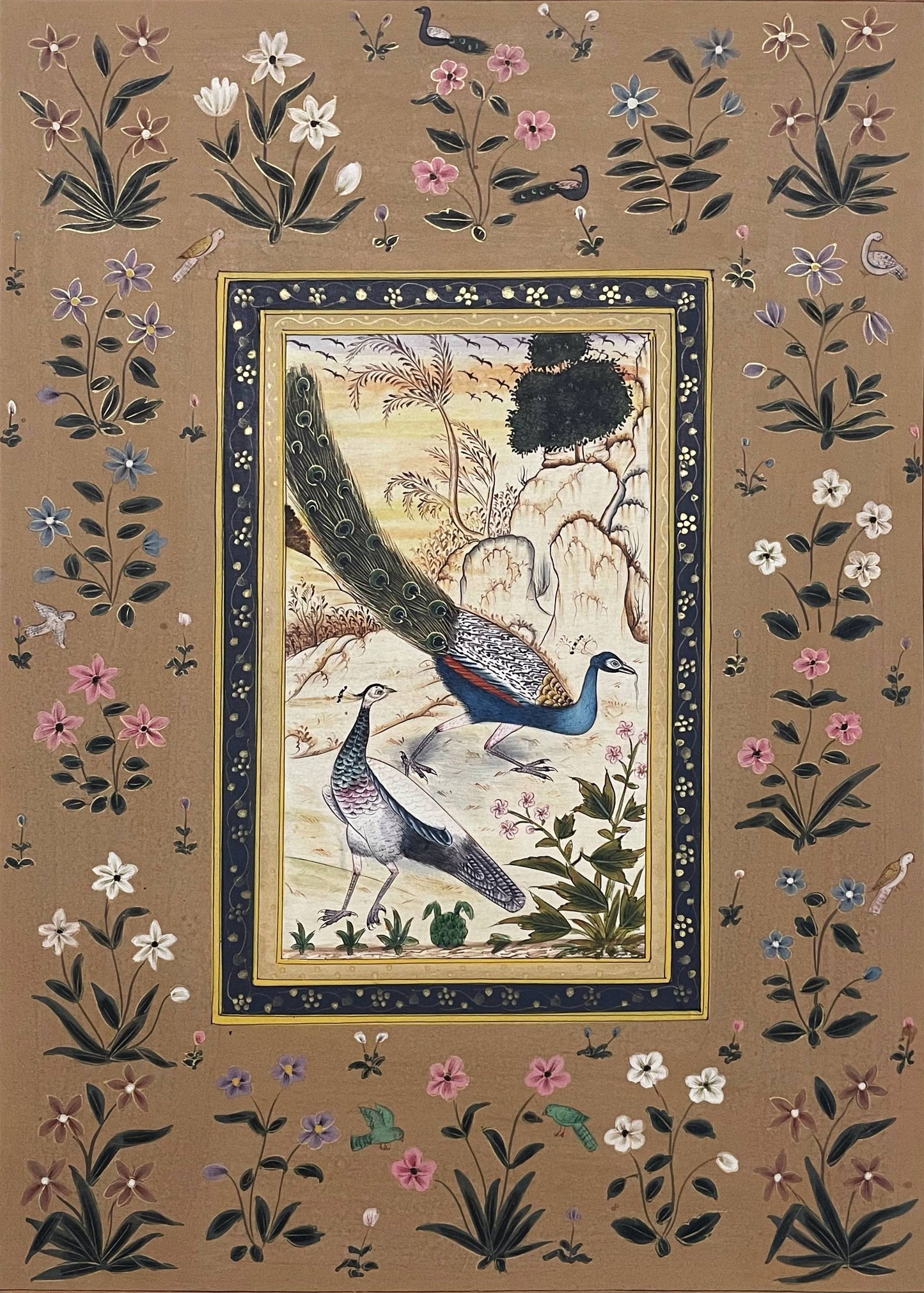 Hand-Painted Birds Miniature Painting | Traditional Indian Miniature Art on Handmade Paper | Framed