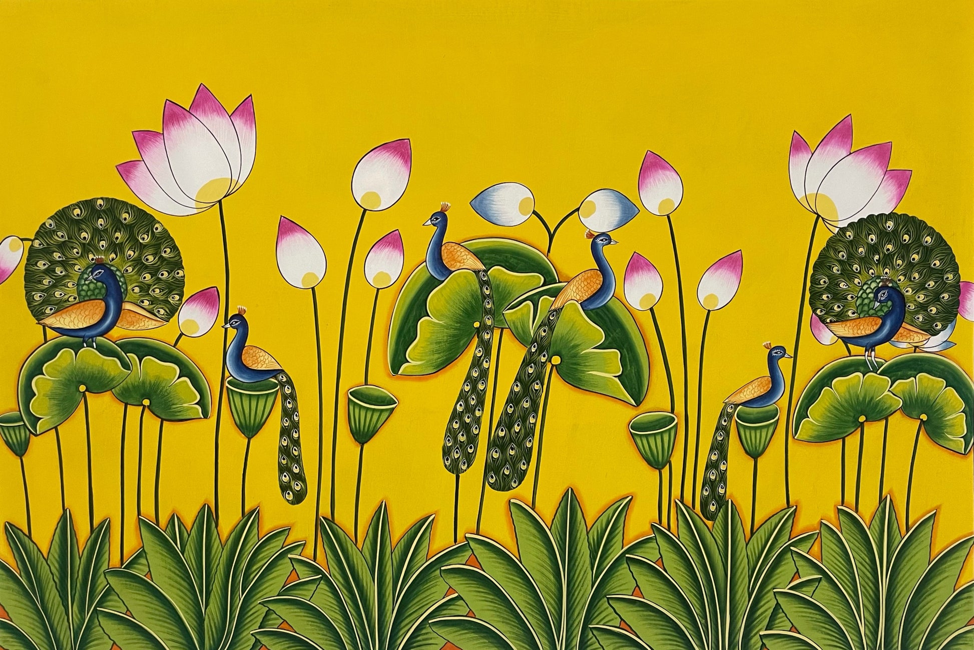 Pichwai Painting of Peacock, Flower design Pichwai Paintng, Wall Art, Stone color on cloth Indian Decor Paintings, Wall Hanging - Jaipur Earth