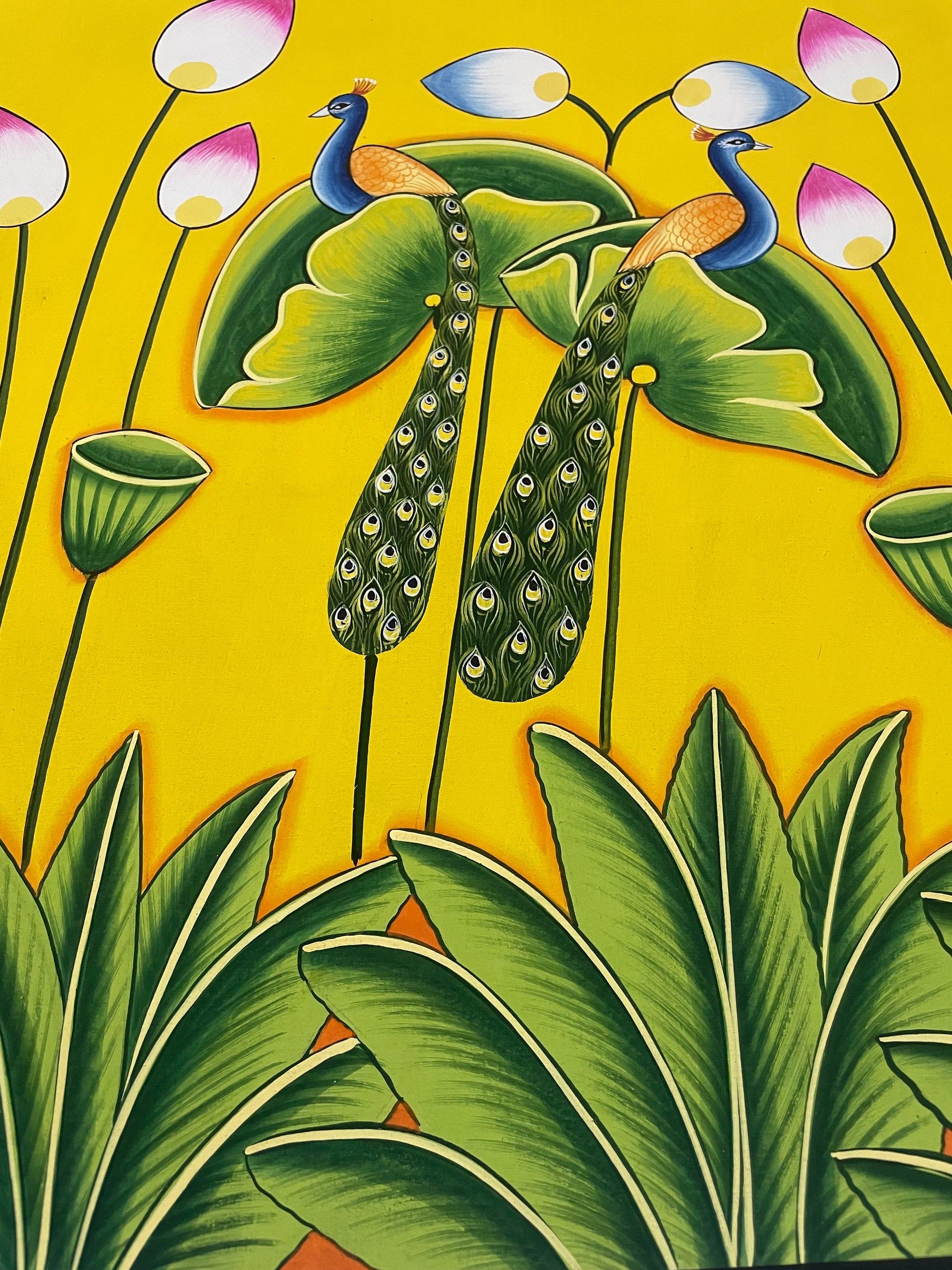 Pichwai Painting of Peacock, Flower design Pichwai Paintng, Wall Art, Stone color on cloth Indian Decor Paintings, Wall Hanging - Jaipur Earth