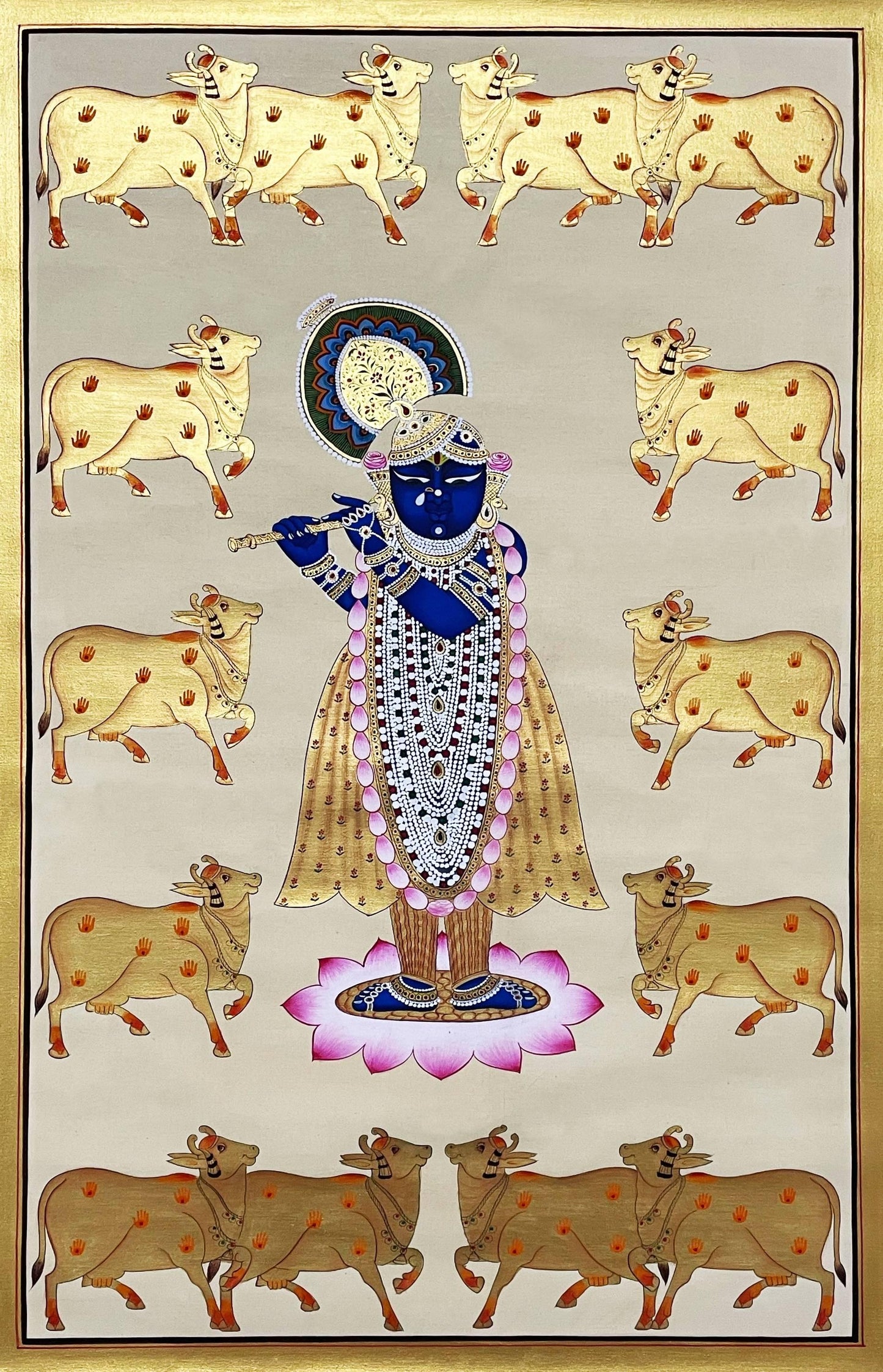 Pichwai Painting of Shreenathji and Lotus, Art For Home Decor, Beautiful Shreenathji In Kamal Talai on cloth, Home Decor, Wall art - Jaipur Earth
