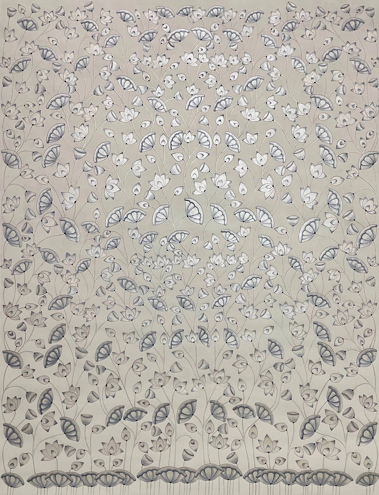 Hand-painted Pichwai artwork with delicate lotus flowers and leaves in a traditional style
