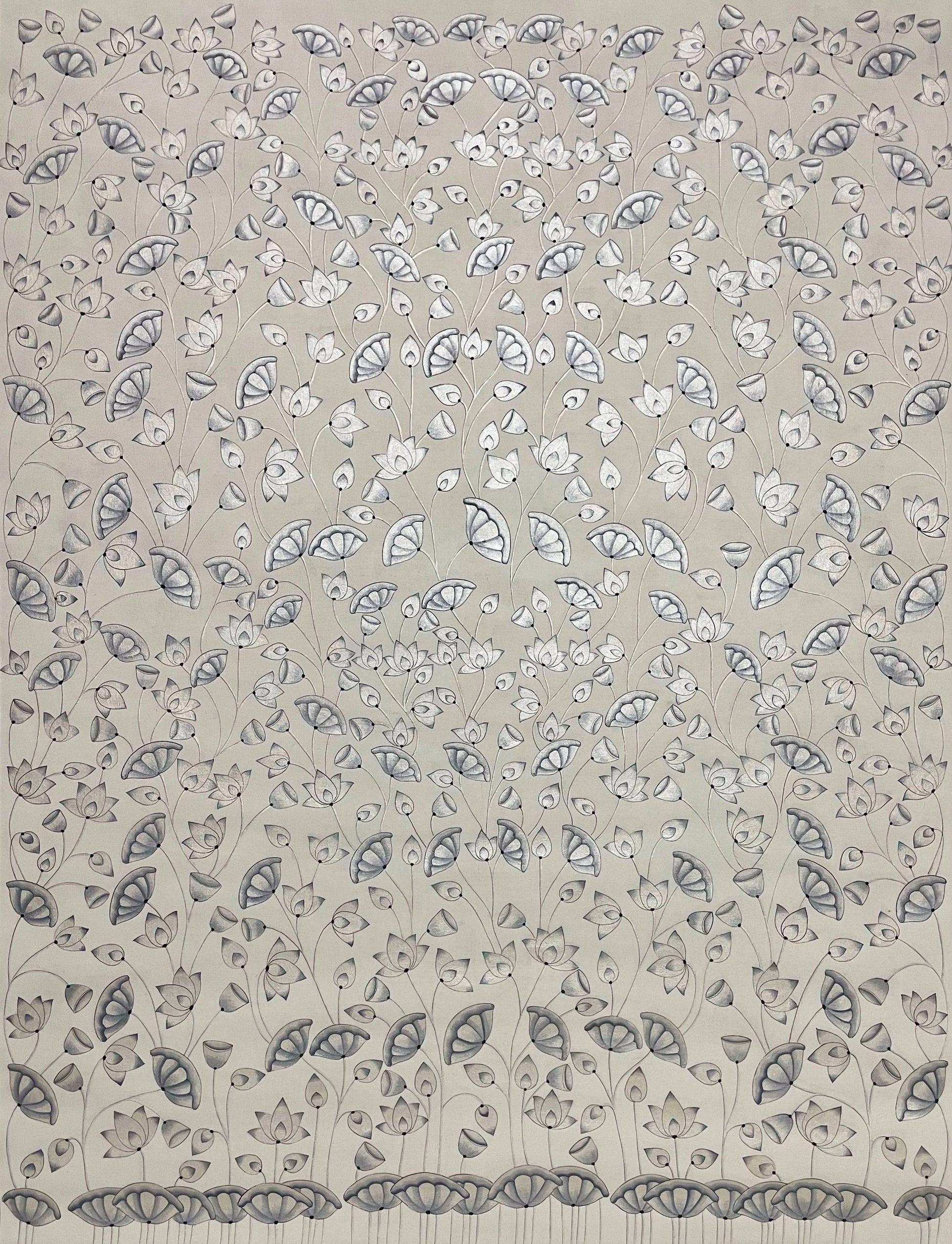 Hand-painted Pichwai artwork with delicate lotus flowers and leaves in a traditional style