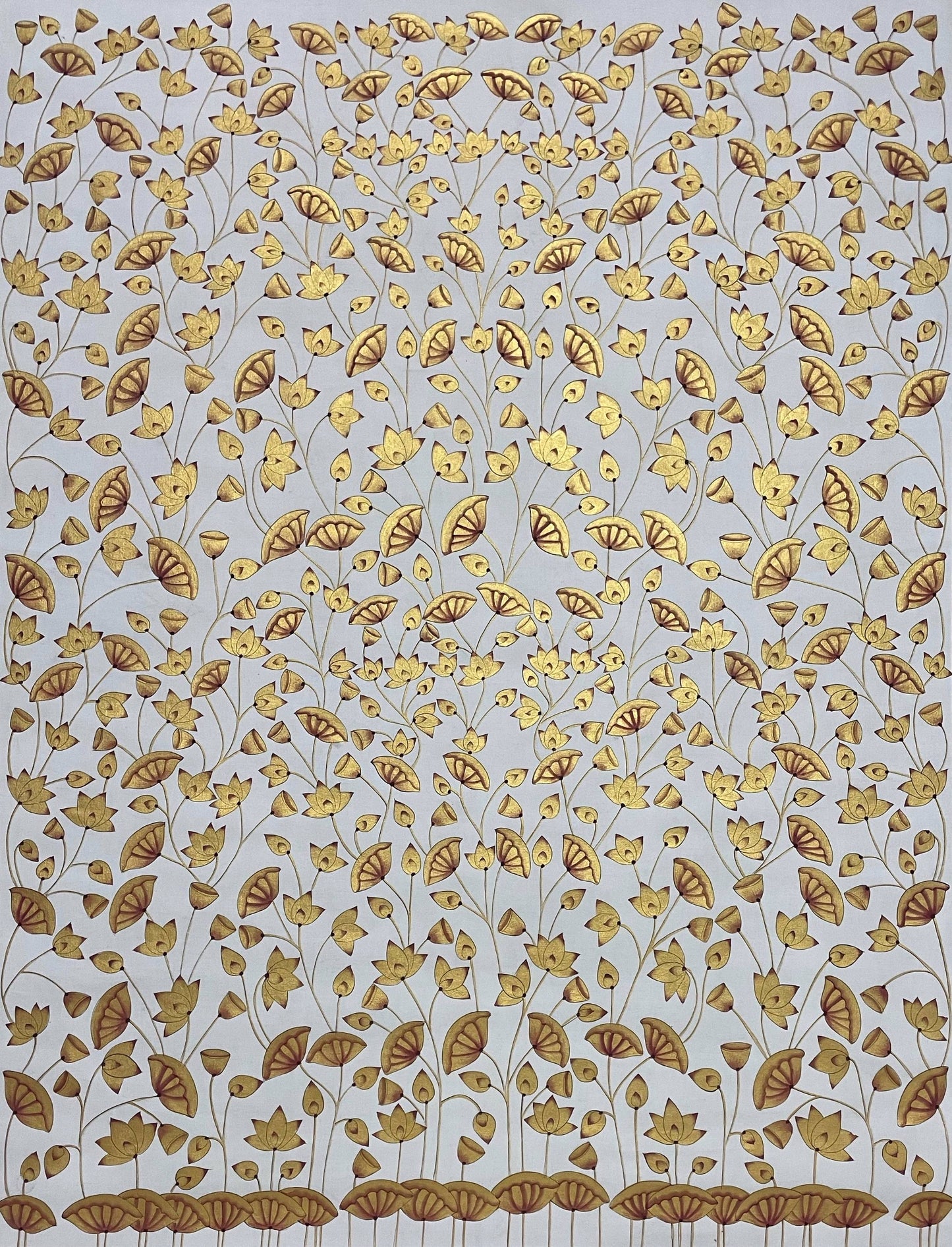 Hand-painted Pichwai art with gold lotus flowers and leaves on canvas