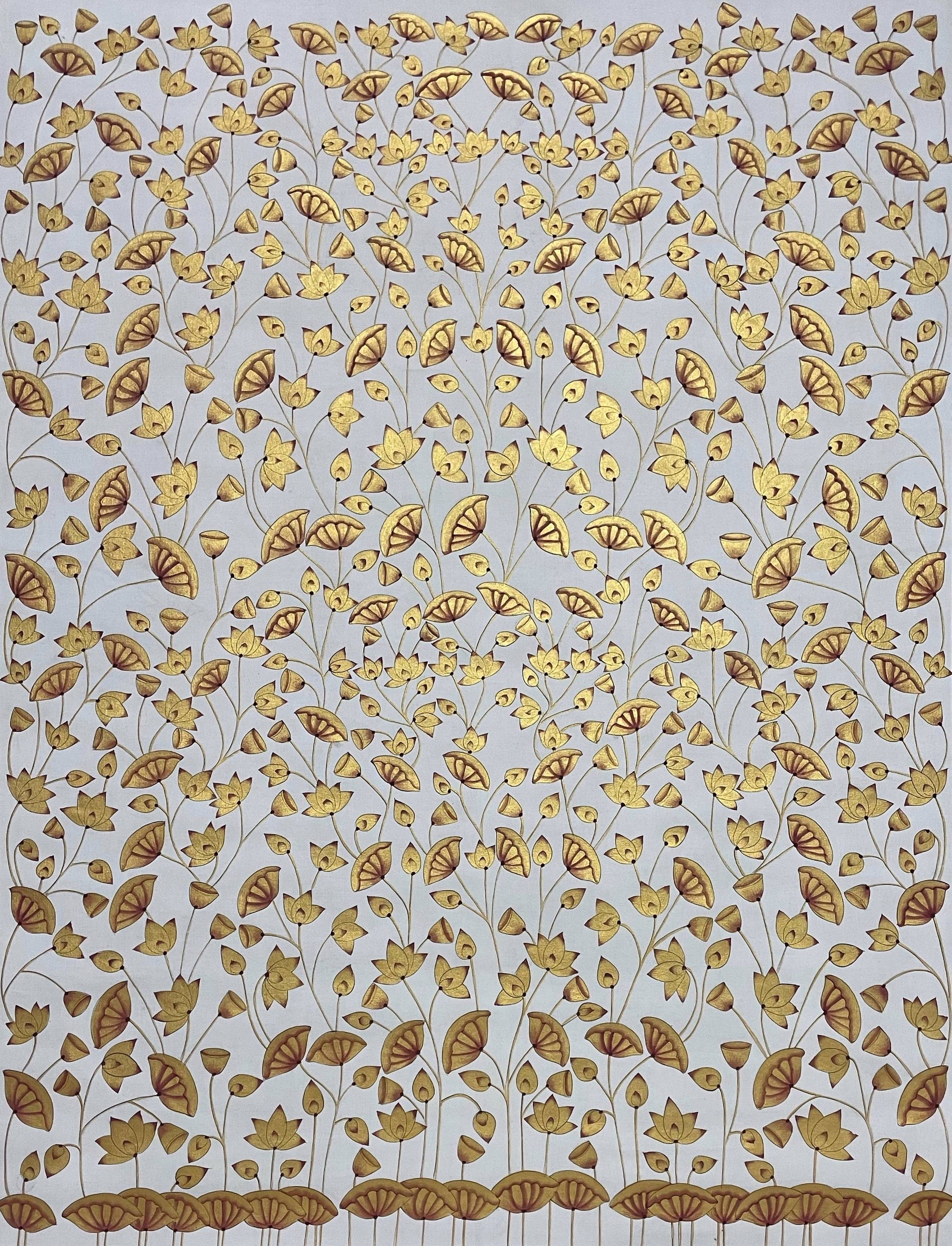 Hand-painted Pichwai art with gold lotus flowers and leaves on canvas