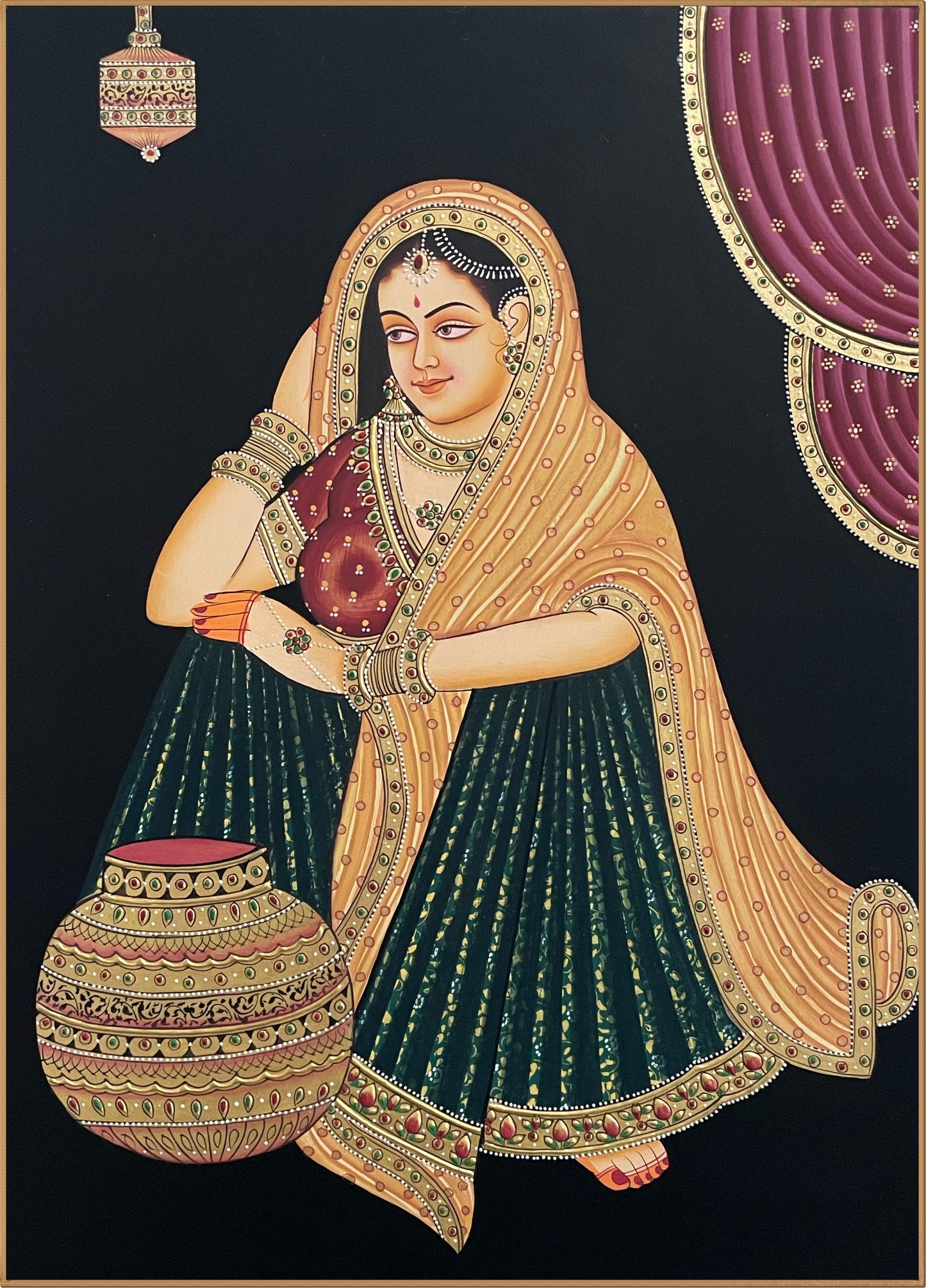 Hand-Painted Ladies Portrait Painting | Traditional Indian Miniature Art on Handmade Paper | Framed