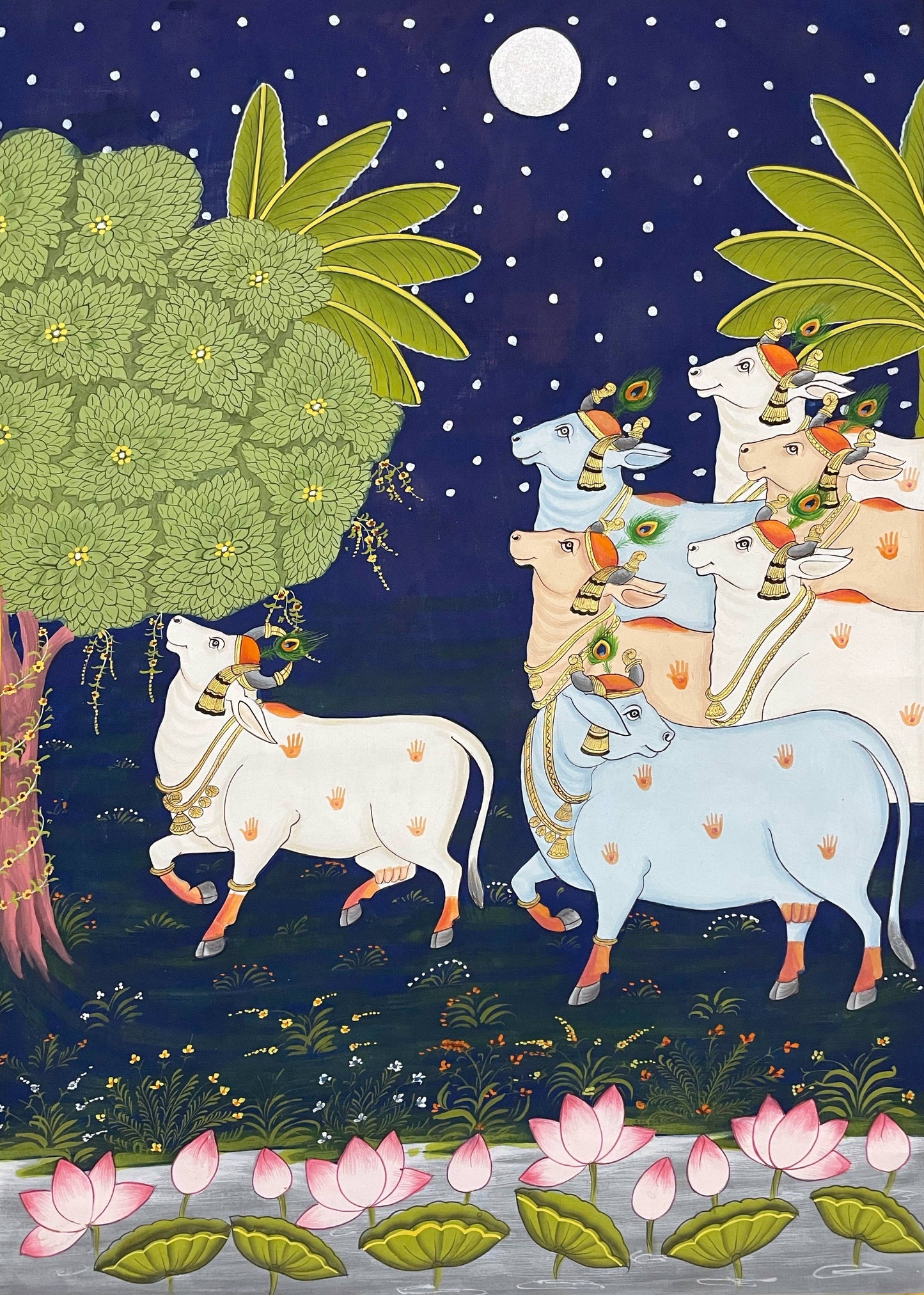 Cow Pichwai Painting, Large Traditional Indian Pichwai Painting For Home Decor, Wall decor. home decor art