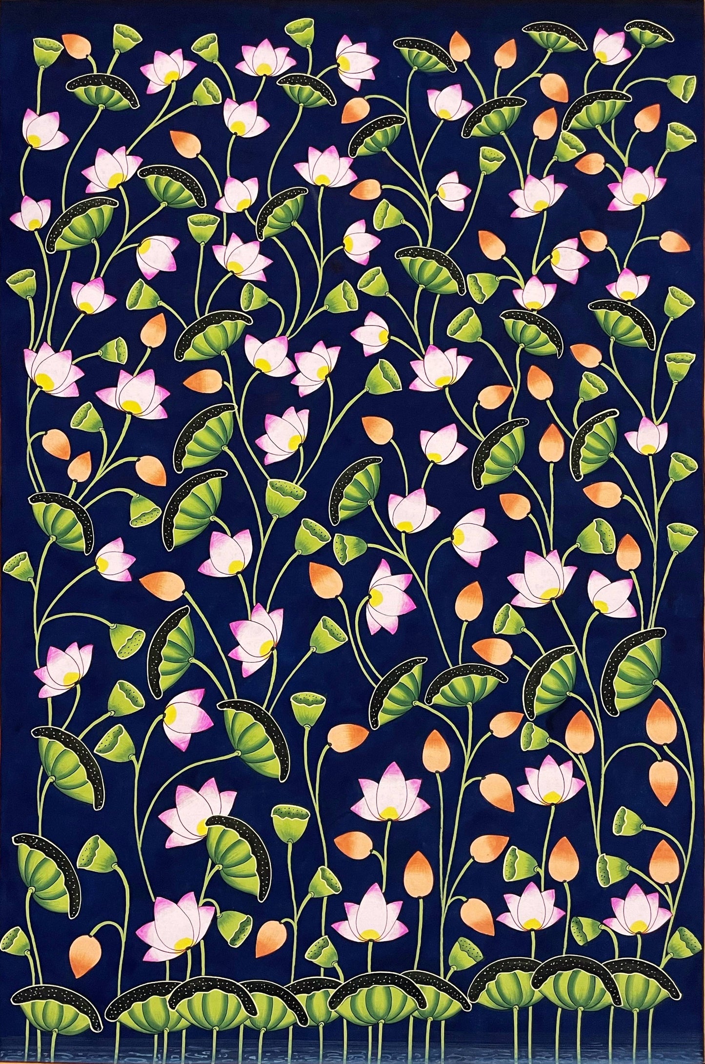 Lotus Pond Pichwai Painting Wall Decor Kamal Talai Handmade Floral Design Natural Stone color on cloth, home Decor Paintings, Wall decor - Jaipur Earth