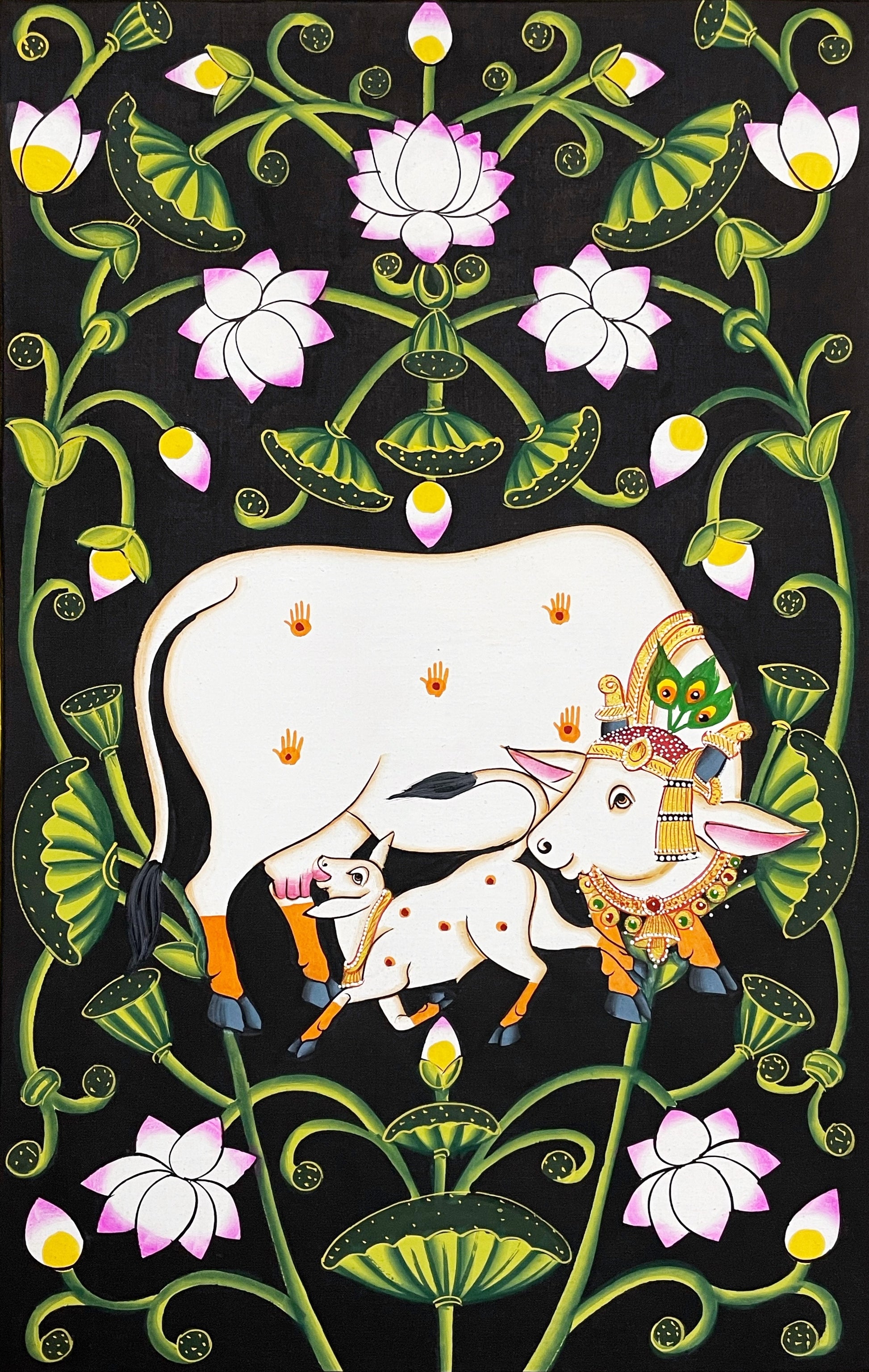 Pichwai Painting, Set of 3 Shrinathji and Cow Pichwai Painting, Modern Wall Decor Paintings, Hand Painted on Fabric, Home Decor - Unframed - Jaipur Earth