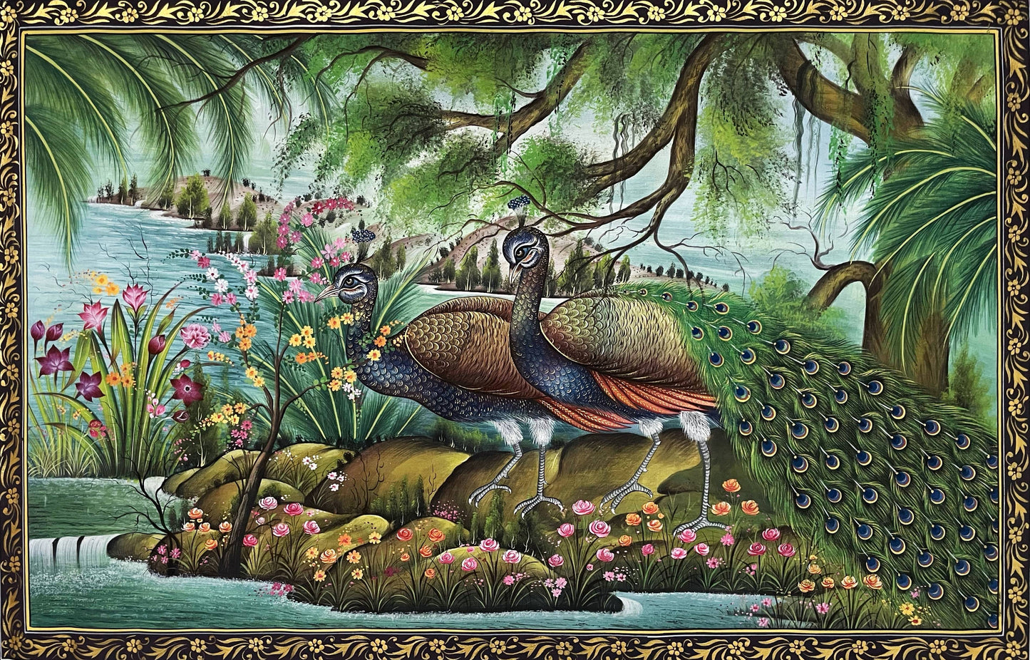 Majestic Peacock Amid Floral Splendor – Traditional Miniature Painting-Framed