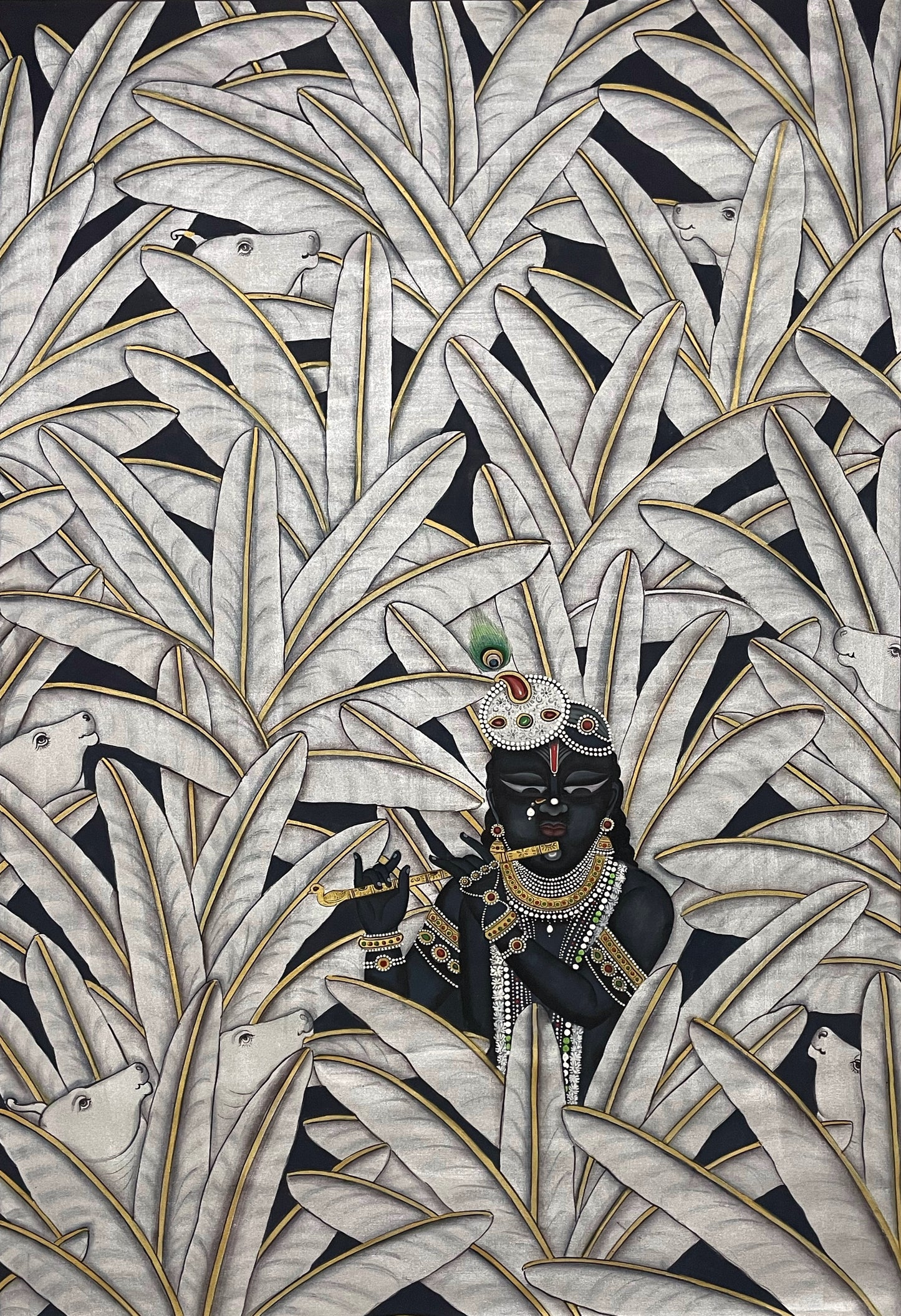 Krishna in Banana Trees, Silver Finish, Hand Painted Pichwai Painting, Home Decor, Wall Decor