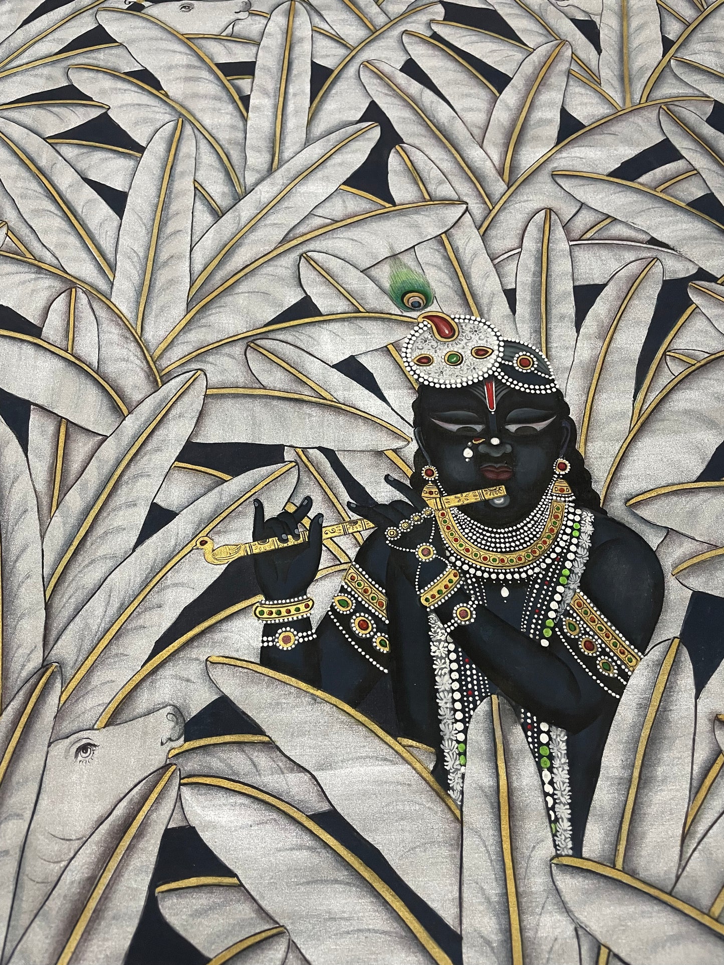 Krishna in Banana Trees, Silver Finish, Hand Painted Pichwai Painting, Home Decor, Wall Decor