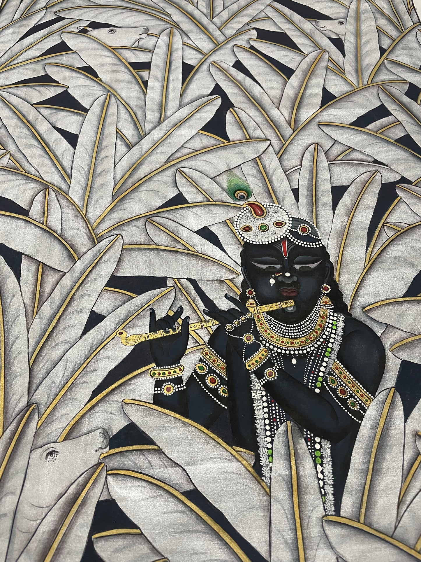 Krishna in Banana Trees, Silver Finish, Hand Painted Pichwai Painting, Home Decor, Wall Decor