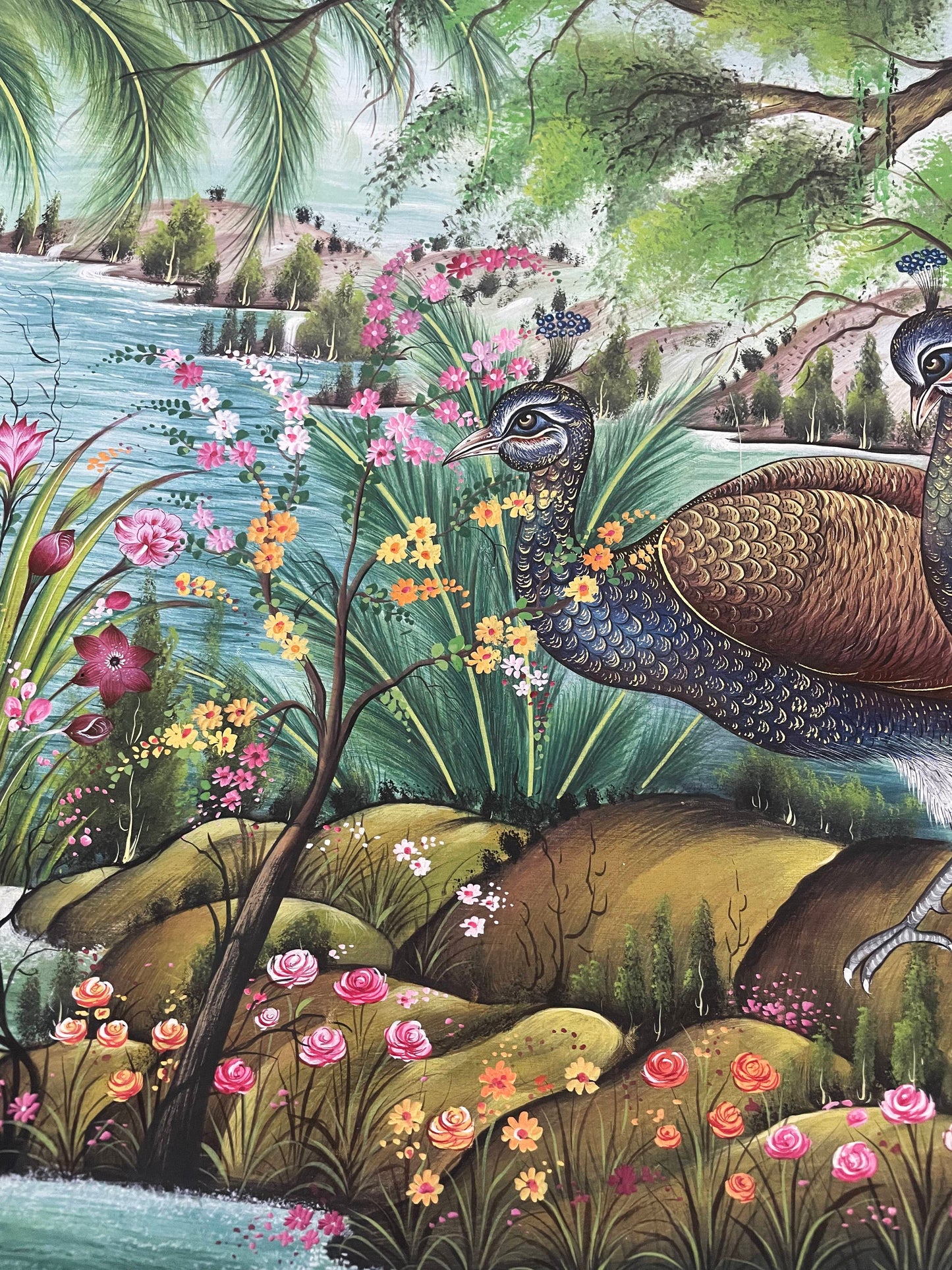 Majestic Peacock Amid Floral Splendor – Traditional Miniature Painting-Framed