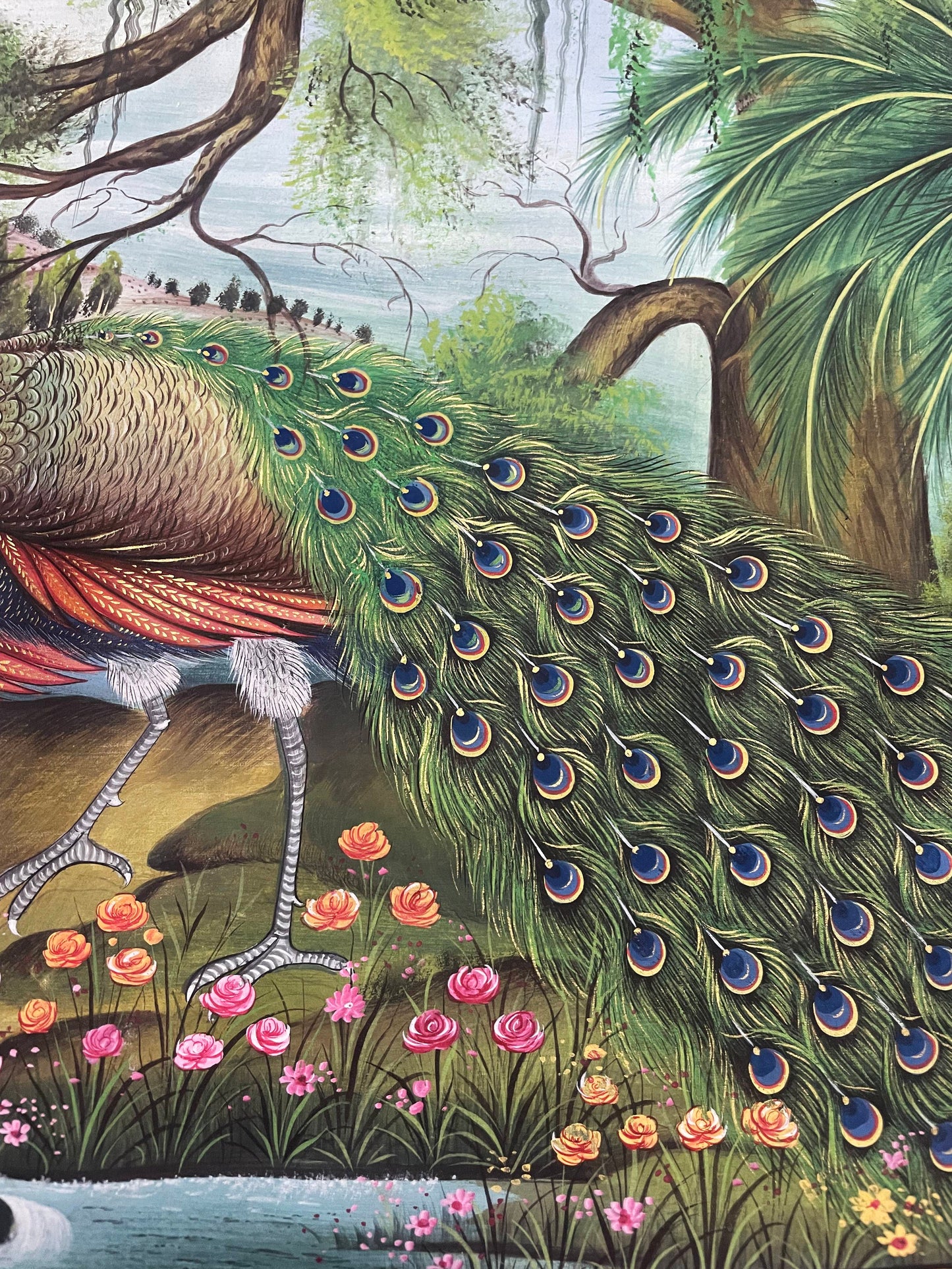 Majestic Peacock Amid Floral Splendor – Traditional Miniature Painting-Framed