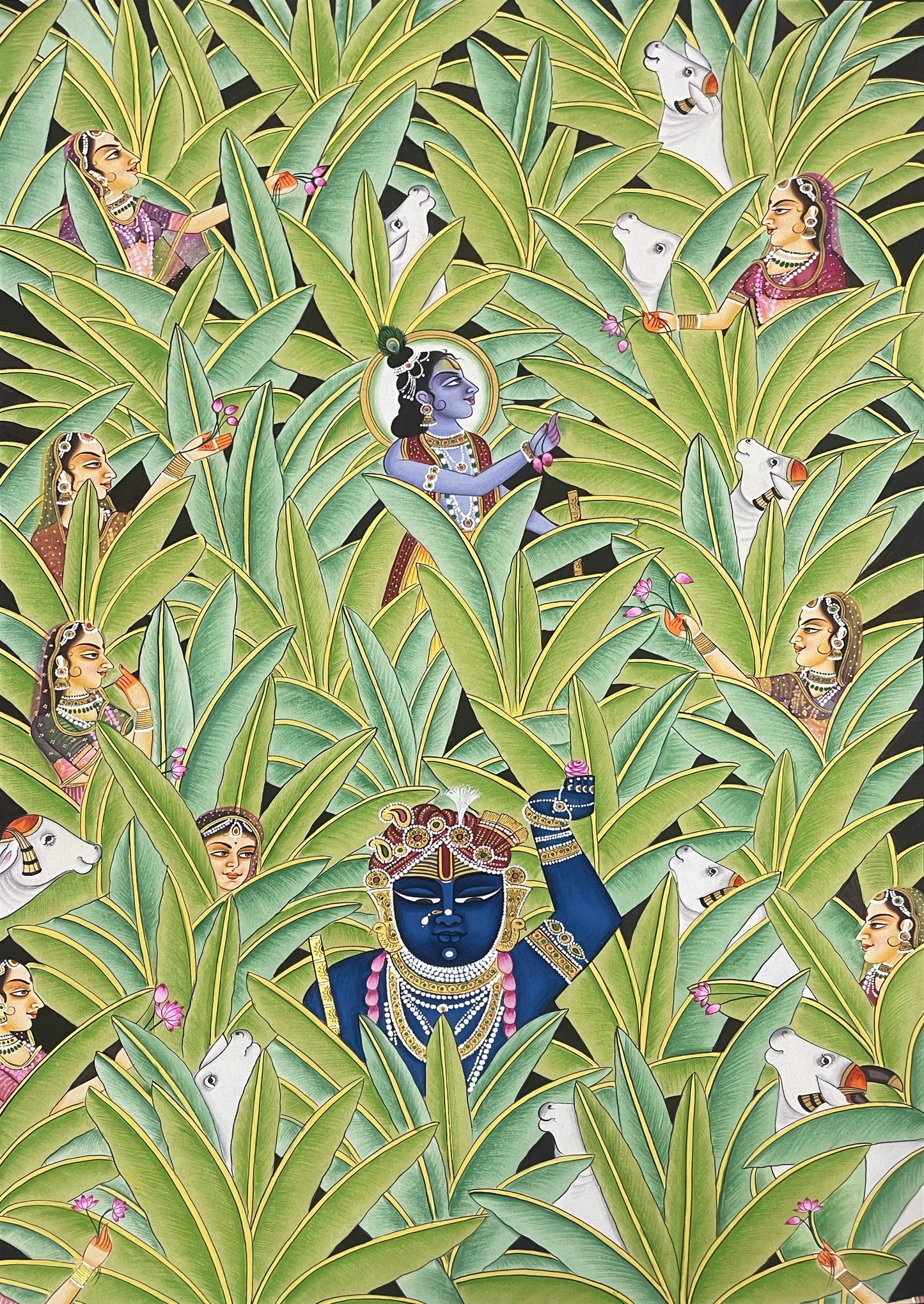 Shrinathji & Krishna in Banana Trees, Hand Painted Pichwai Painting, Home Decor, Wall Decor