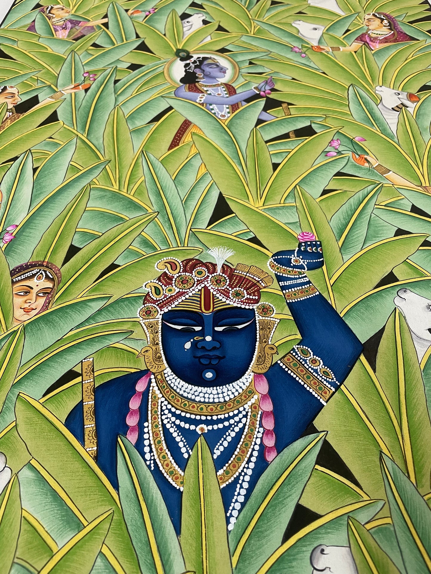 Shrinathji & Krishna in Banana Trees, Hand Painted Pichwai Painting, Home Decor, Wall Decor