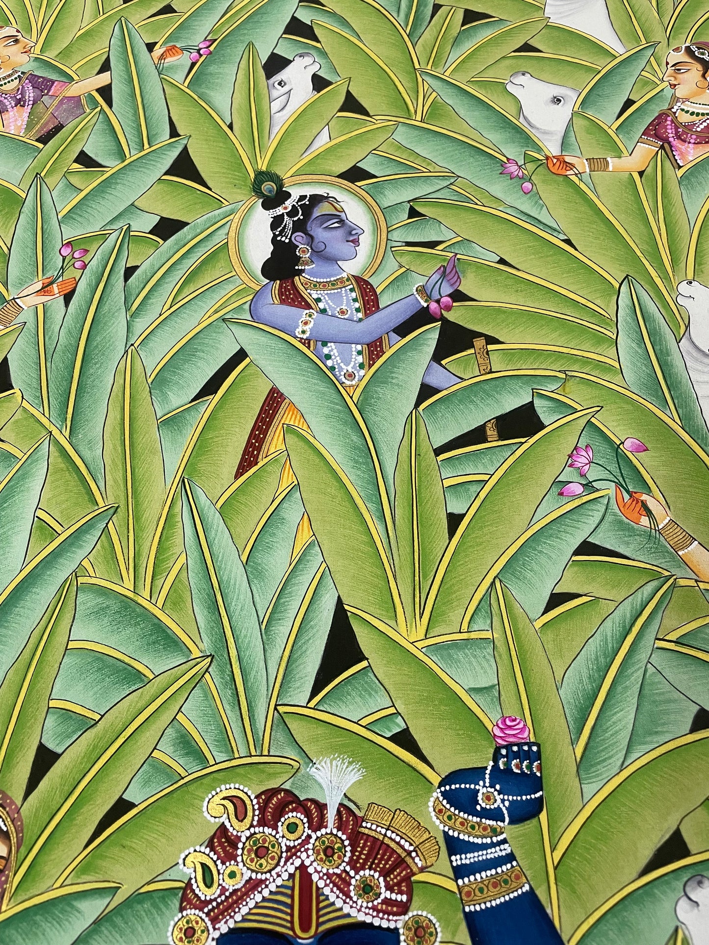 Shrinathji & Krishna in Banana Trees, Hand Painted Pichwai Painting, Home Decor, Wall Decor