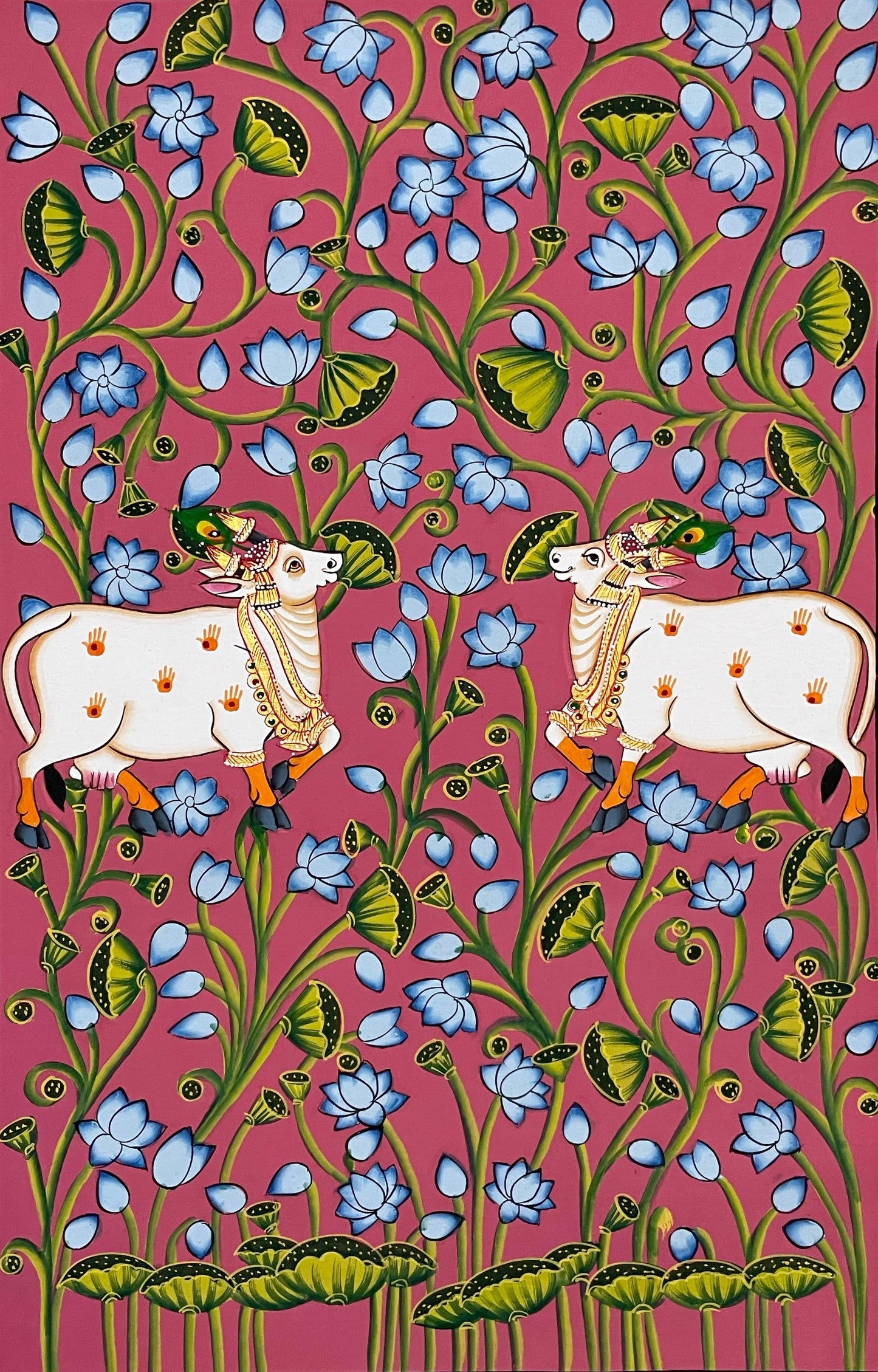 Pichwai Painting, Set of 3 Shrinathji and Cow Pichwai Painting, Modern Wall Decor Paintings, Hand Painted on Fabric, Home Decor - Unframed - Jaipur Earth