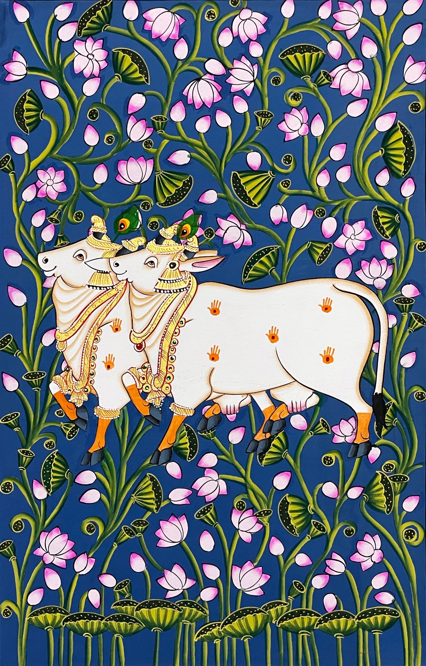 Pichwai Painting, Set of 6 Shrinathji and Cow Pichwai Painting, Modern Wall Decor Paintings, Hand Painted on Fabric, Home Decor - Jaipur Earth