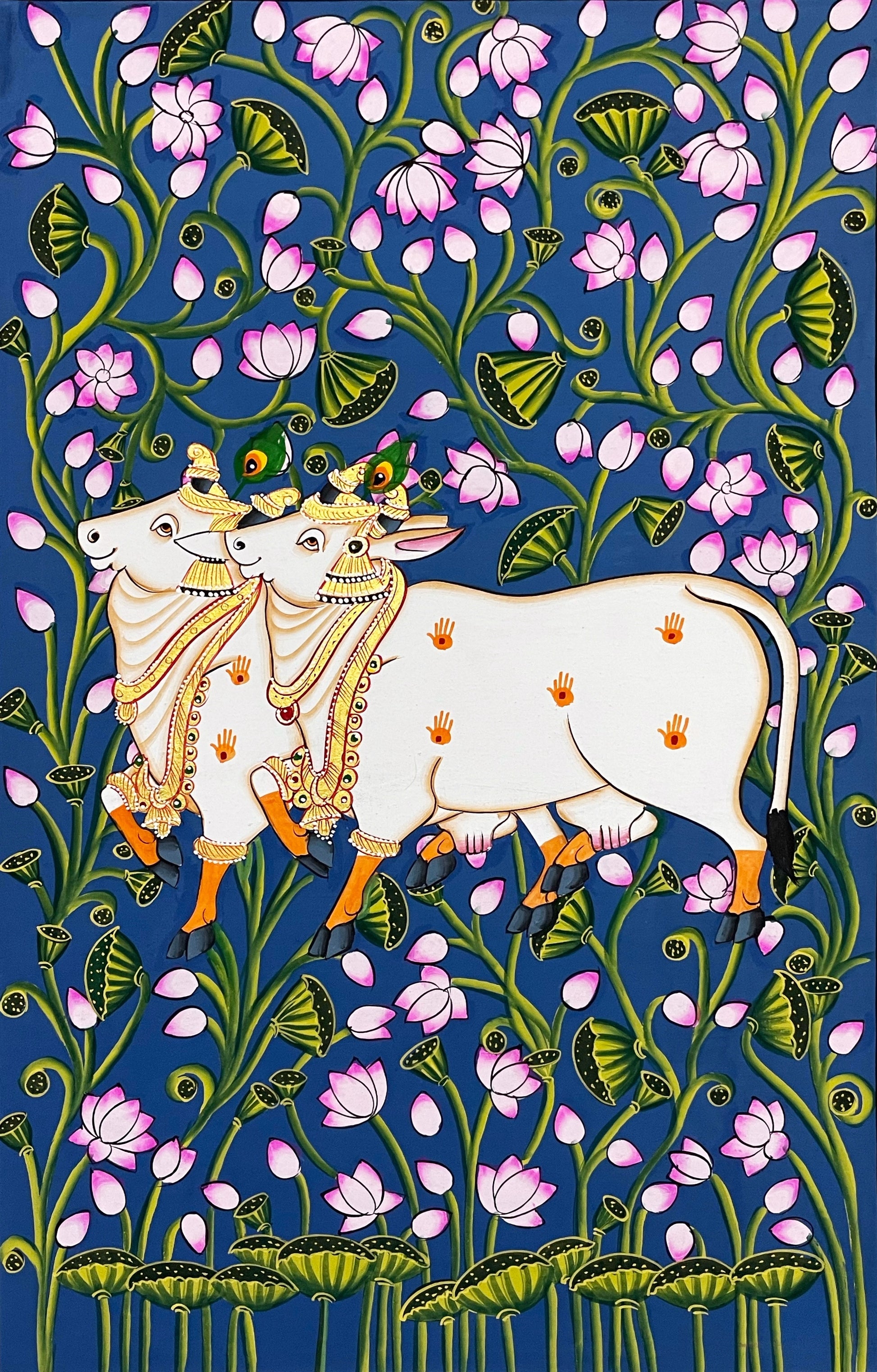 Pichwai Painting, Set of 6 Shrinathji and Cow Pichwai Painting, Modern Wall Decor Paintings, Hand Painted on Fabric, Home Decor - Jaipur Earth