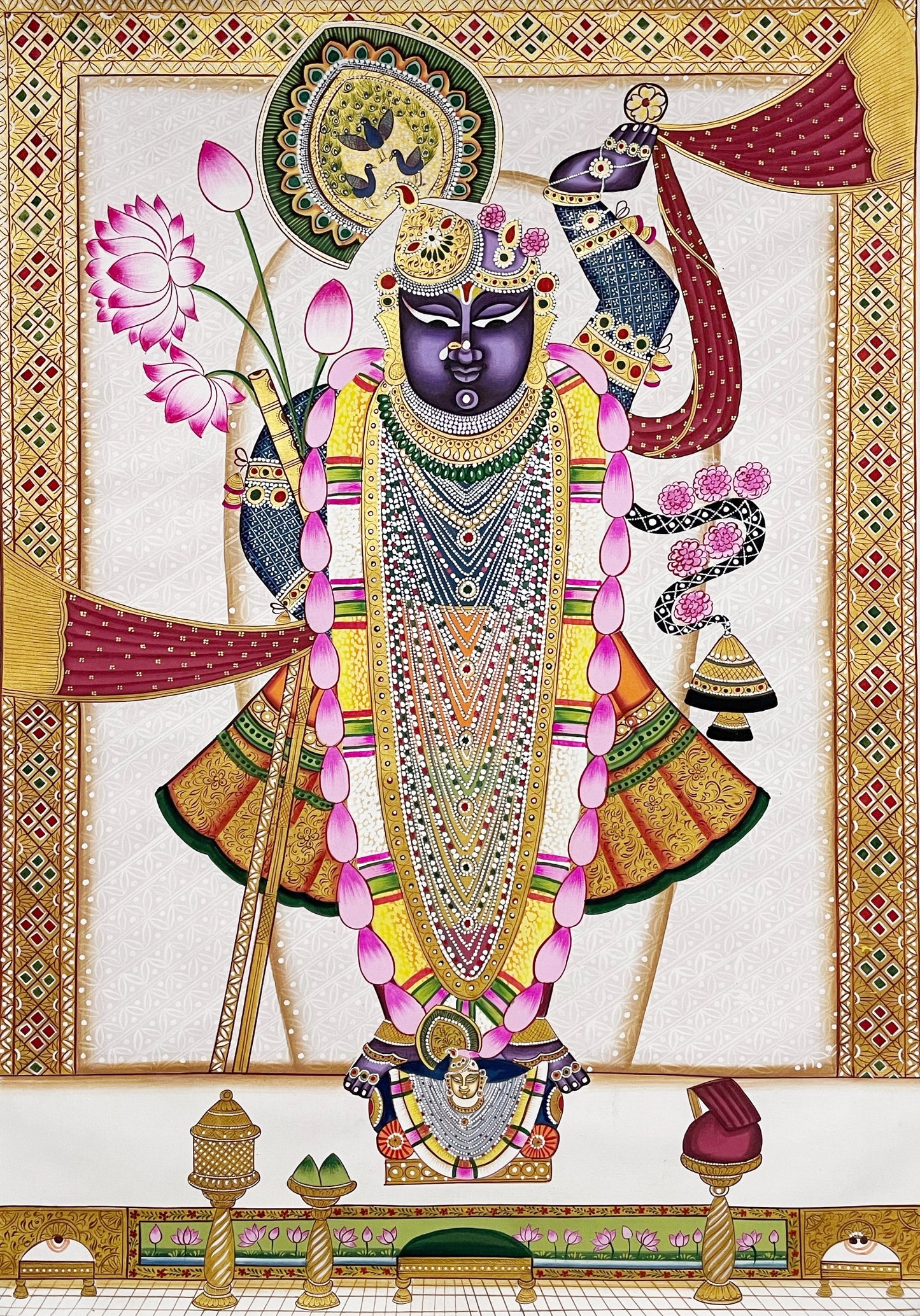 Shreenathji and Lotus Pichwai Art Painting For Home Decor, Traditional Handmade Wall Painting Of Beautiful Shri Nath Ji In Kamal Talai - Jaipur Earth