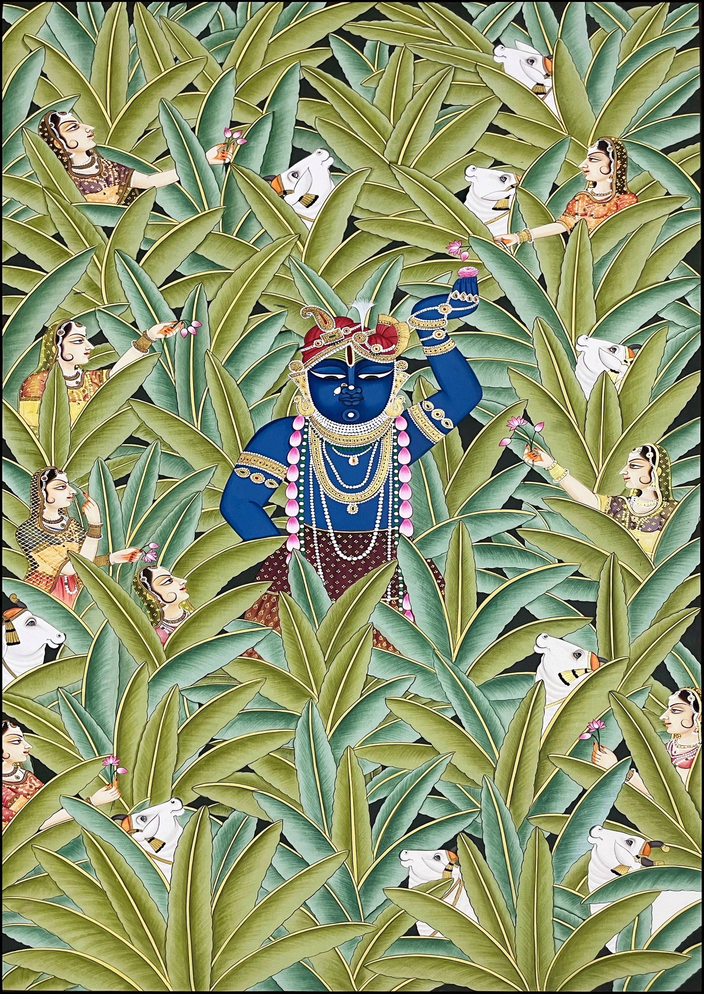 Shrinathji in Banana Trees, Hand Painted Pichwai Painting, Home Decor, Wall Decor