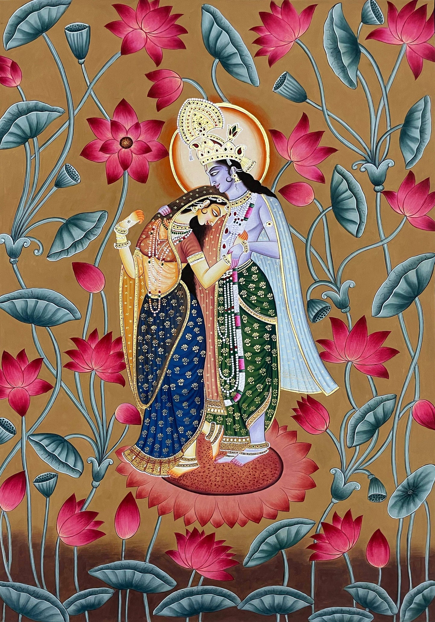 Radha Krishna Detailed Pichwai Handmade Painting, Traditional Nathdwara Art, Spiritual Indian Artwork, Luxury Home Decor