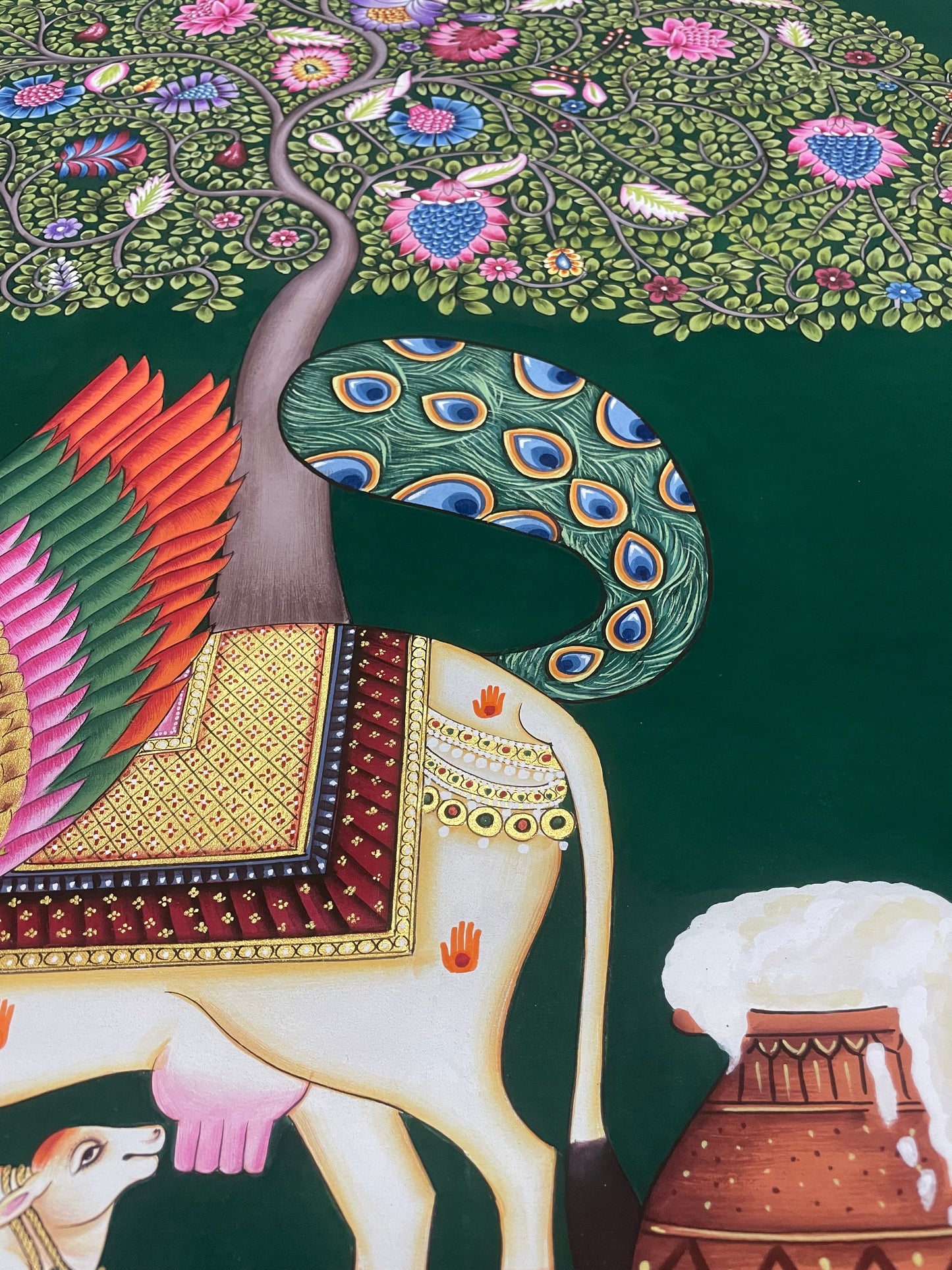 Kamdhenu Sacred Cow Life Tree Handmade Pichwai Painting | Traditional Nathdwara Indian Art