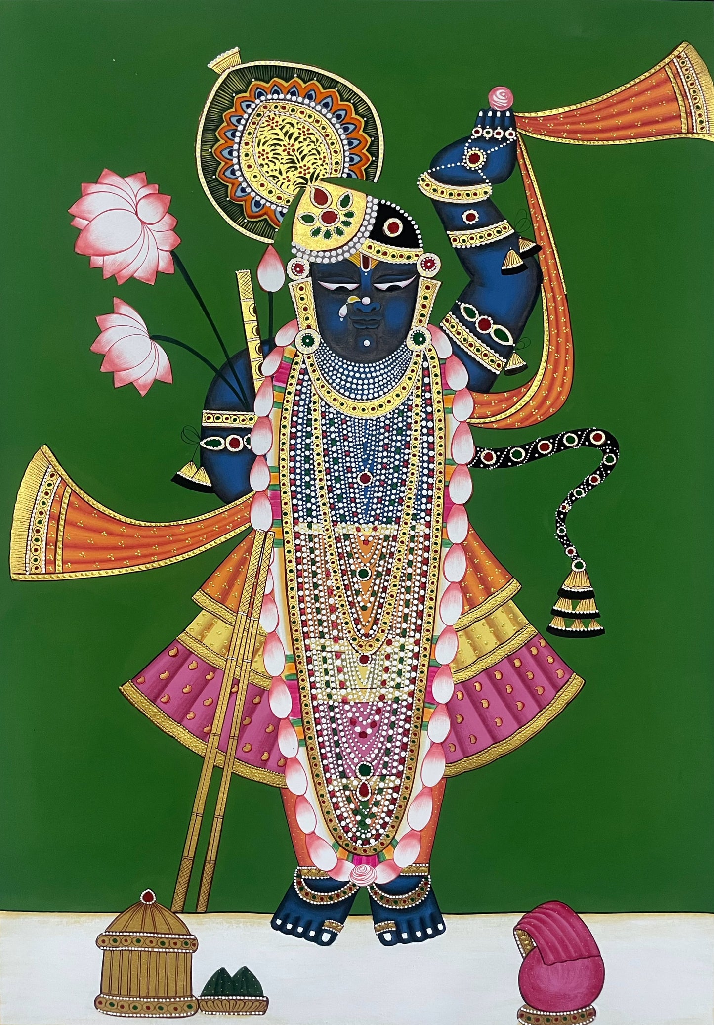 Shreenathji and Lotus Pichwai Art Painting For Home Decor, Traditional Handmade Wall Painting Of Beautiful Shrinathji