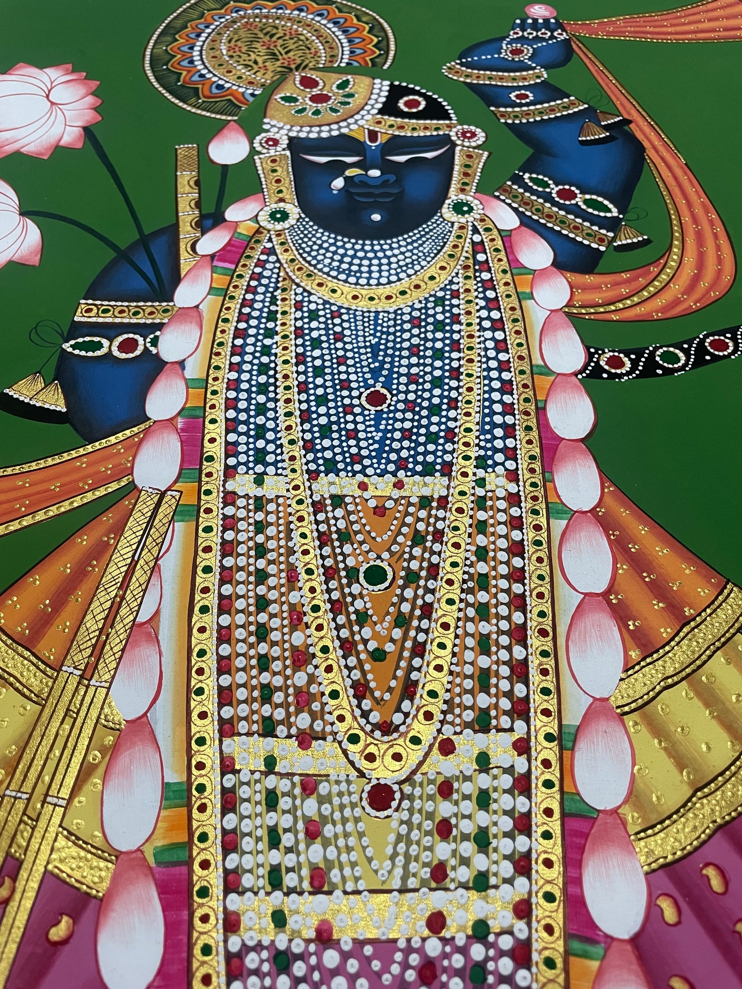 Shreenathji and Lotus Pichwai Art Painting For Home Decor, Traditional Handmade Wall Painting Of Beautiful Shrinathji