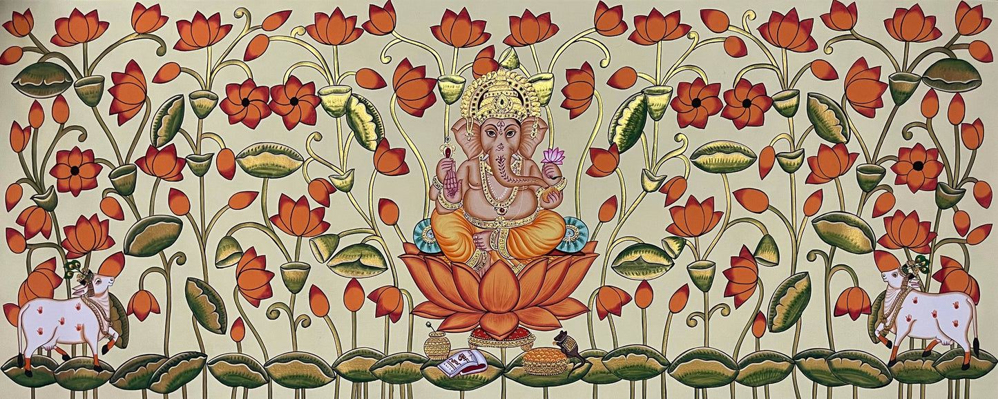 Shree Ganesha in Lotus Pond Pichwai – Hand-Painted Traditional Nathdwara Artwork