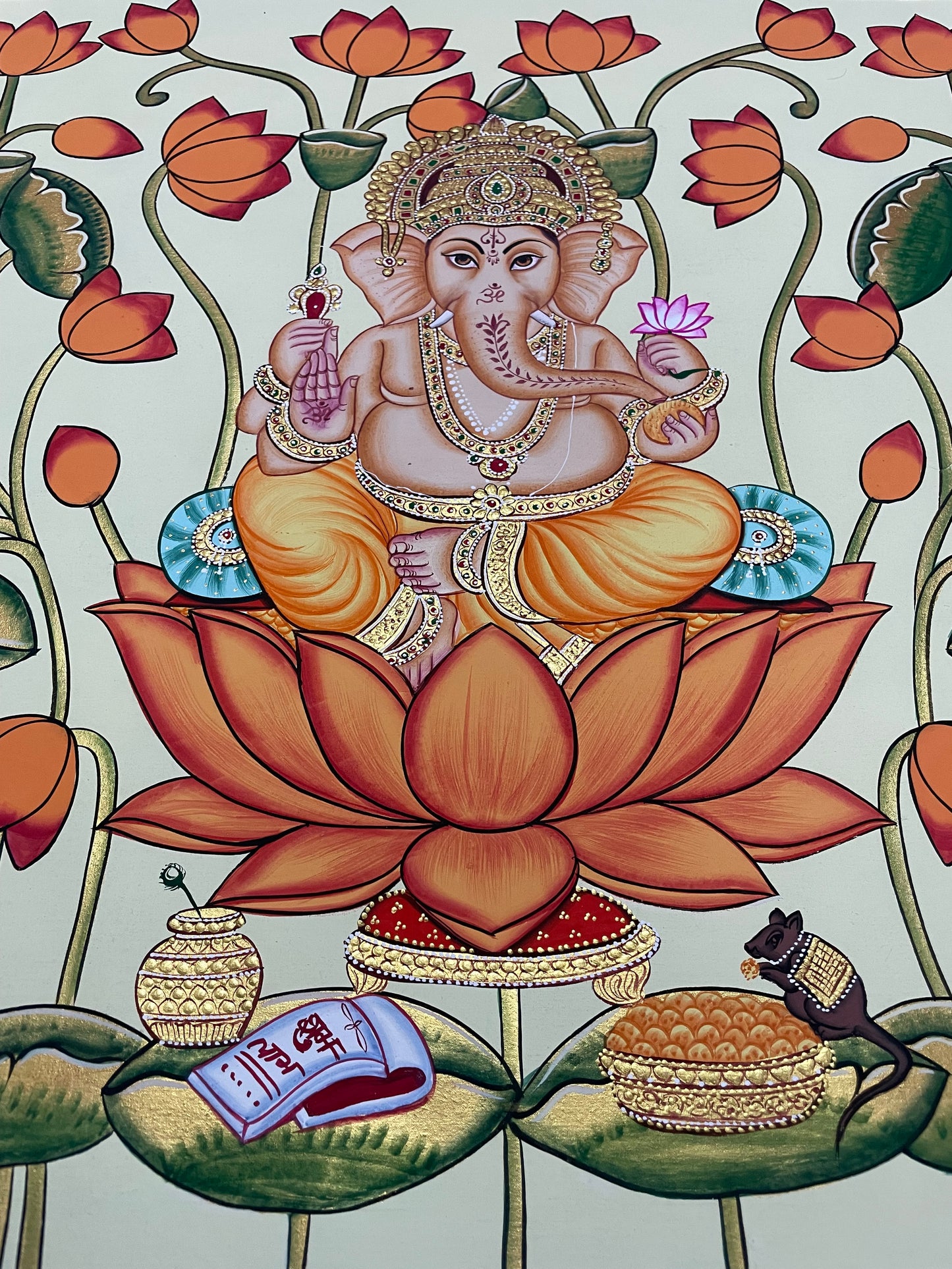 Shree Ganesha in Lotus Pond Pichwai – Hand-Painted Traditional Nathdwara Artwork