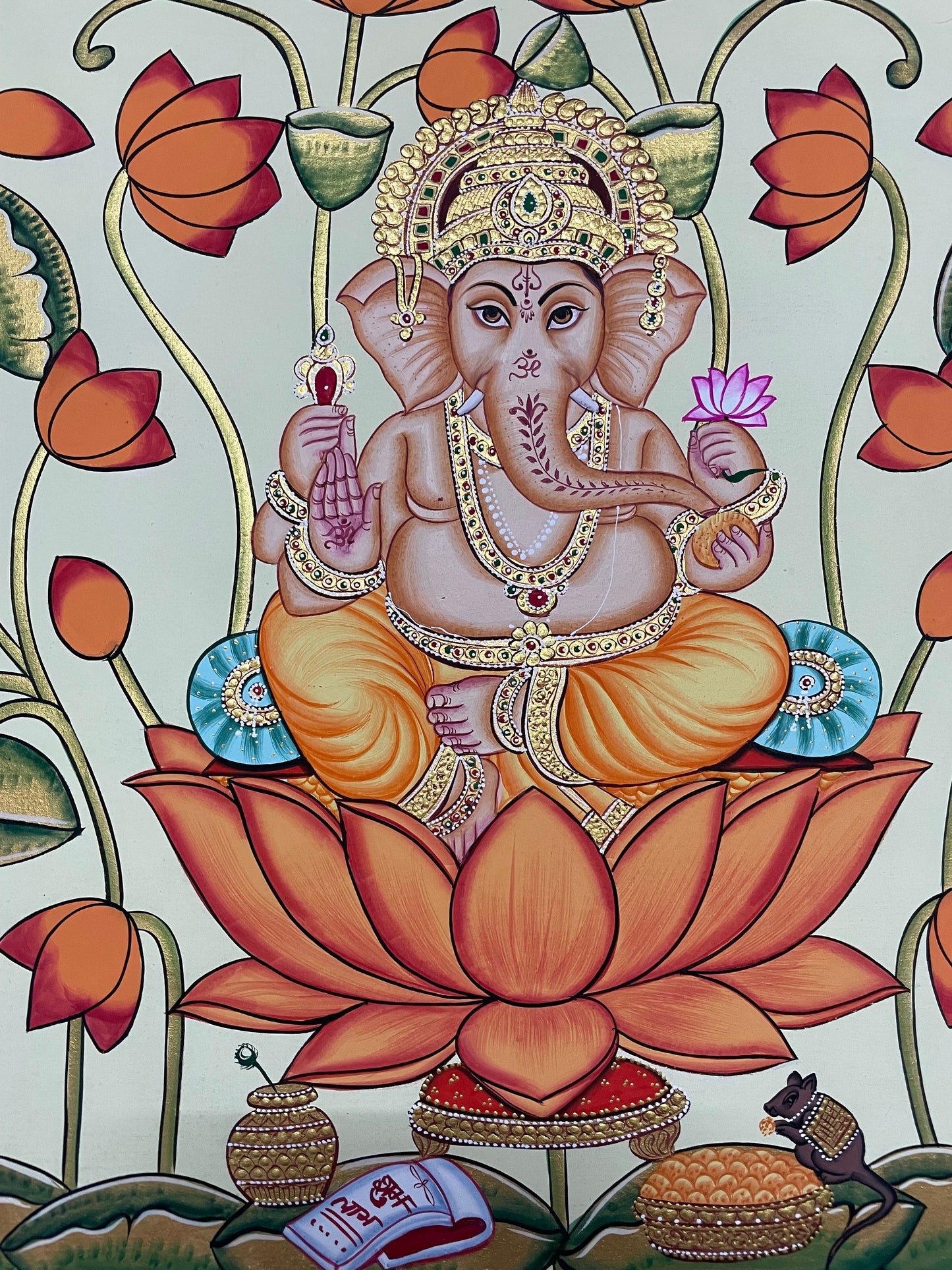 Shree Ganesha in Lotus Pond Pichwai – Hand-Painted Traditional Nathdwara Artwork