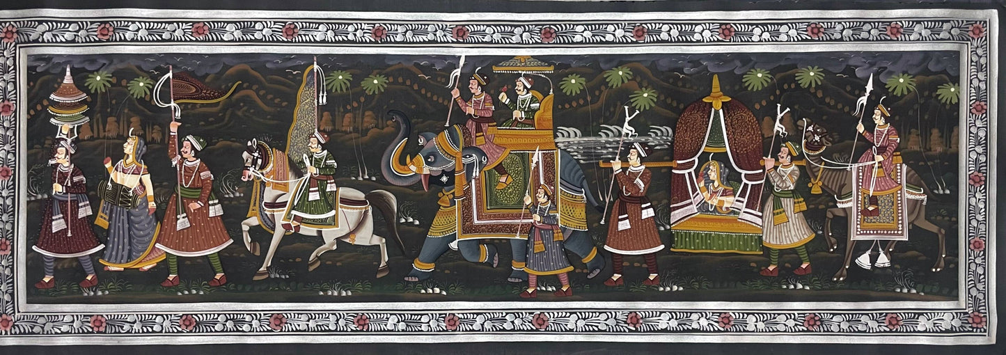 Royal Procession Painting Handmade Rajasthani Folk Art on Fabric, Indian Royal Procession Wall Art, Traditional Ethnic Decor for Living Room