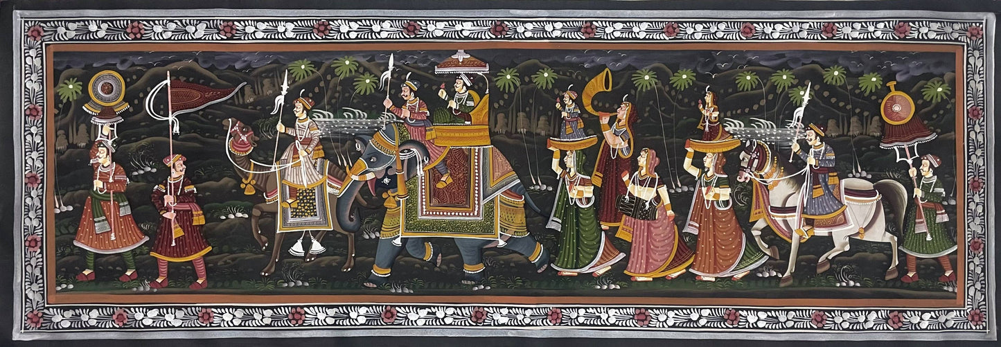Royal Procession Painting Handmade Rajasthani Folk Art on Fabric, Indian Royal Procession Wall Art, Traditional Ethnic Decor for Living Room