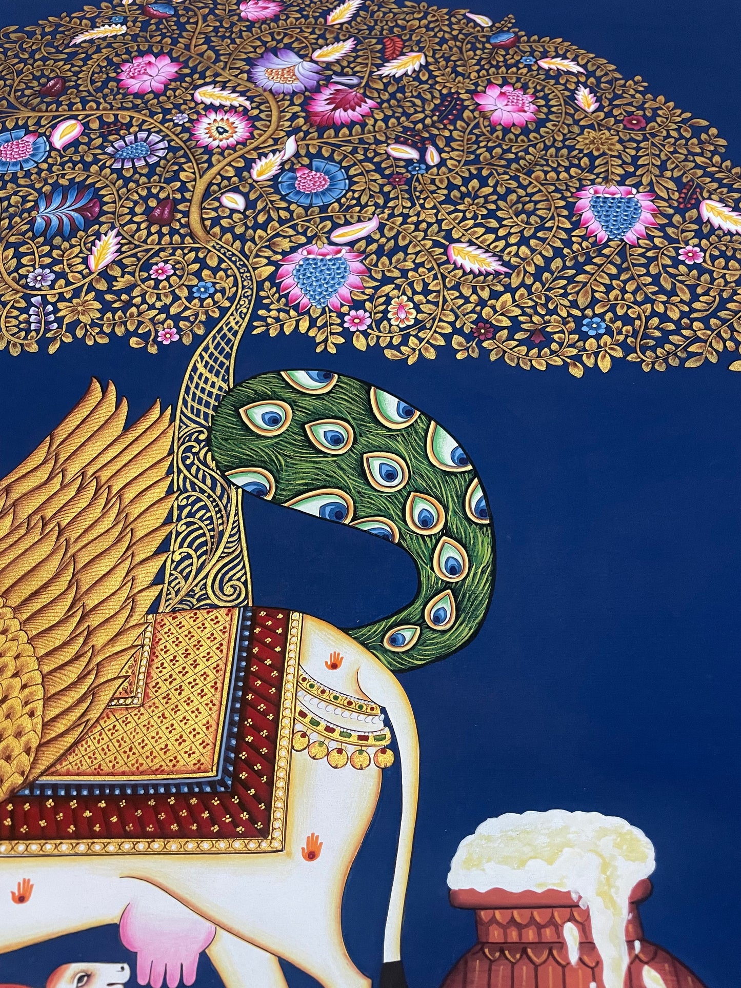 Kamdhenu Sacred Cow Life Tree Handmade Pichwai Painting | Traditional Nathdwara Indian Art