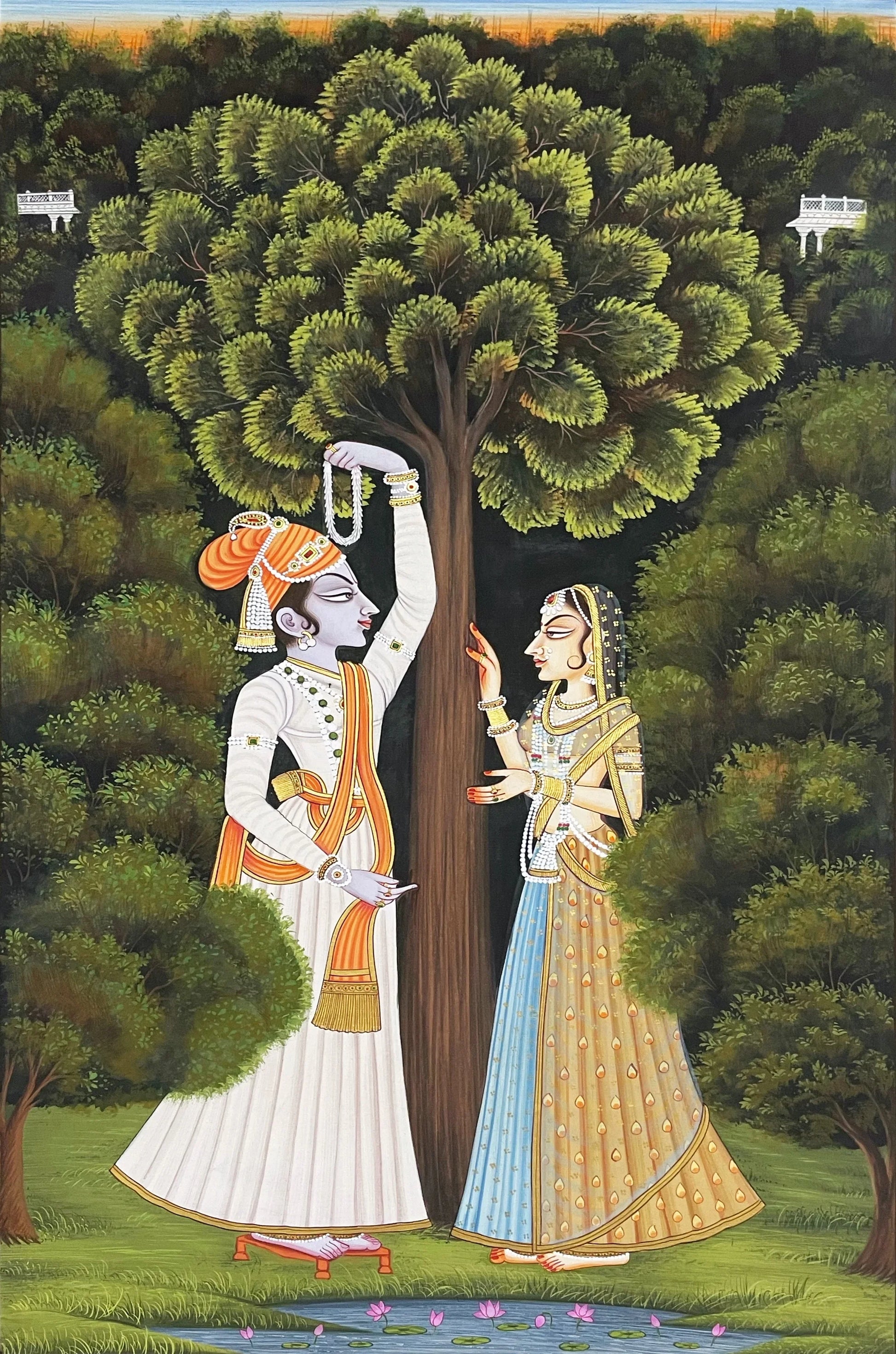 Radha Krishna alongside Yamuna River Pichwai Handmade Painting On Fabric, Home Decor, wall decor - Jaipur Earth
